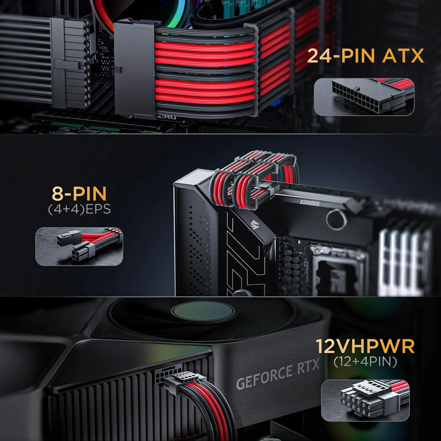 AsiaHorse 12VHPWR Cable Extension Kit, 16AWG Pcie 5.0 PSU Cable Extension Kit Soft Braided Power Supply Cable Extension, 24pin ATX /4+4pin EPS /12+4pin 30CM Length with Cable Combs