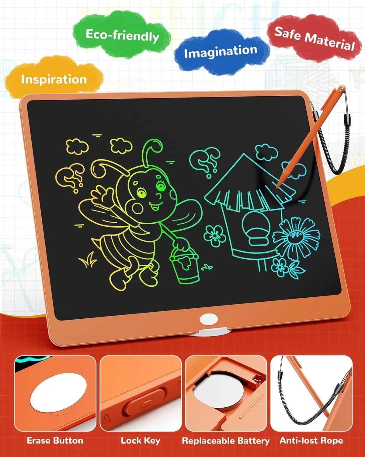 TEKFUN 12" LCD Writing Tablet for Kids Ages 5–8, Fun Drawing Board that Keeps Kids Busy Anywhere, Screen-Free Doodle Pad for Travel, Play & Everyday Use, Easy Gift Idea for Kids (Orange)