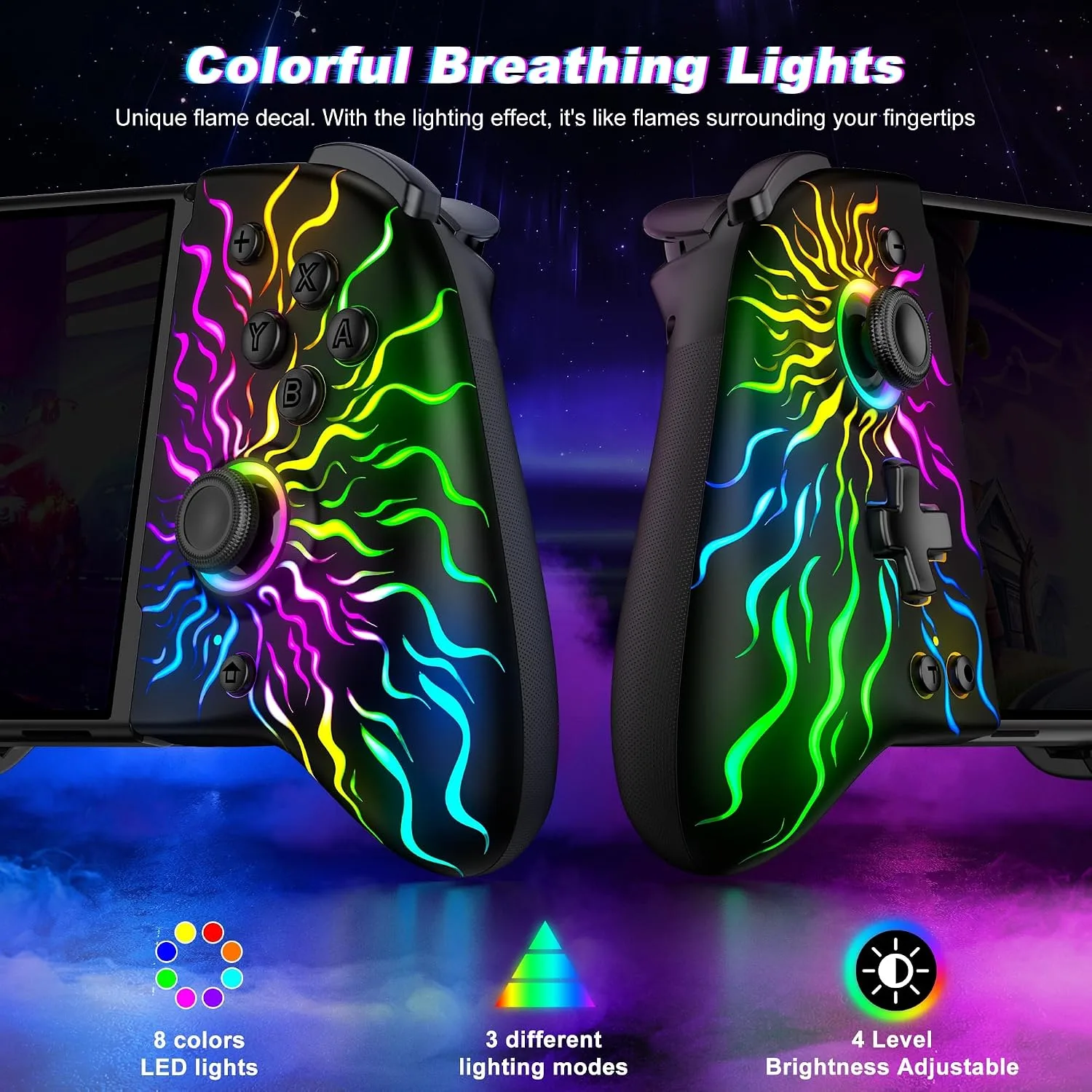 Gammeefy Switch Controller – Hall Effect Joysticks & Enhanced Grip – One Piece Switch Joypad Replacement Switch Pro Controller with 8-Color RGB Lighting, Turbo, Macros -Multi-Colored Sunburst, 6.2"/7"