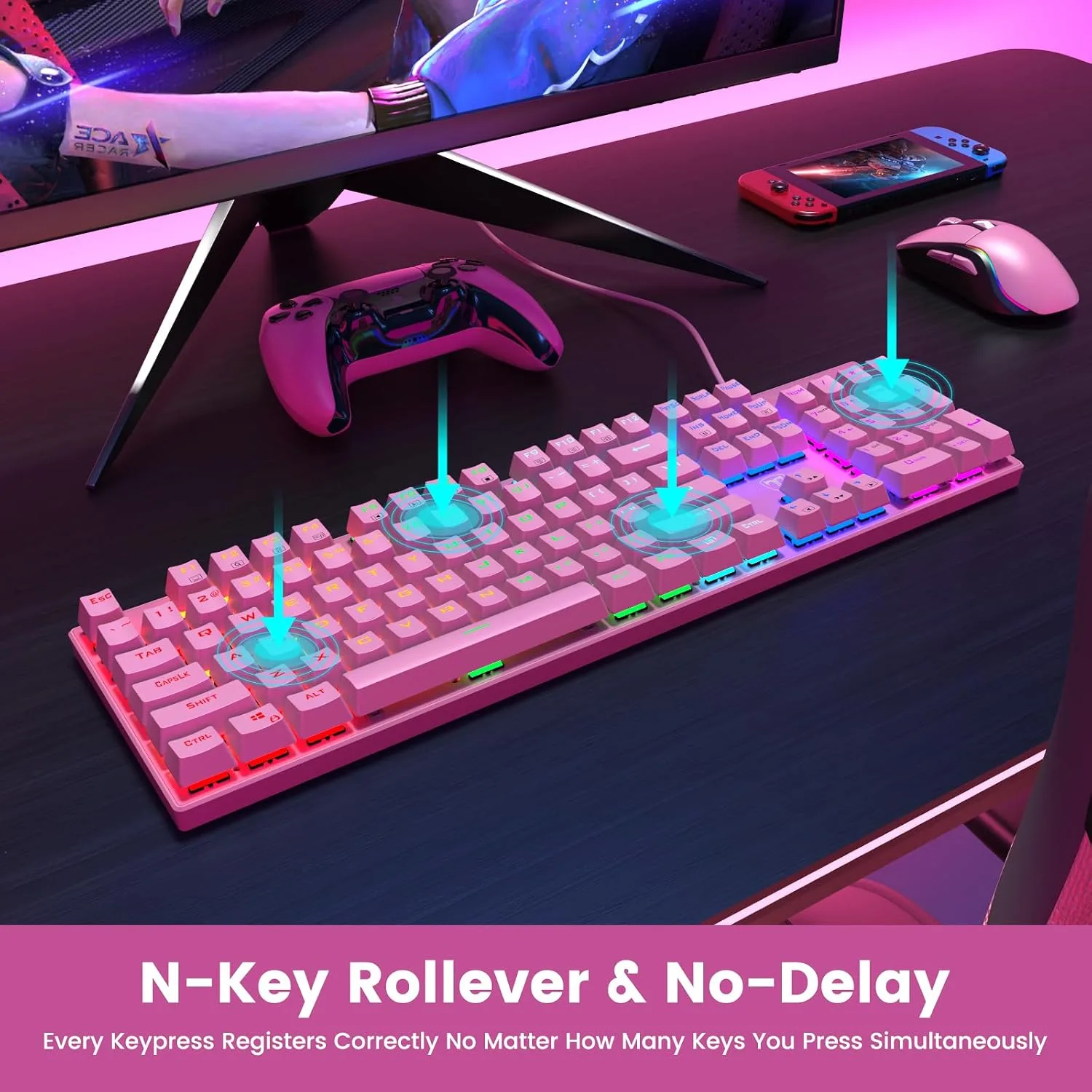 RisoPhy Mechanical Gaming Keyboard, Wired RGB 104 Keys, Blue Switch, Pink