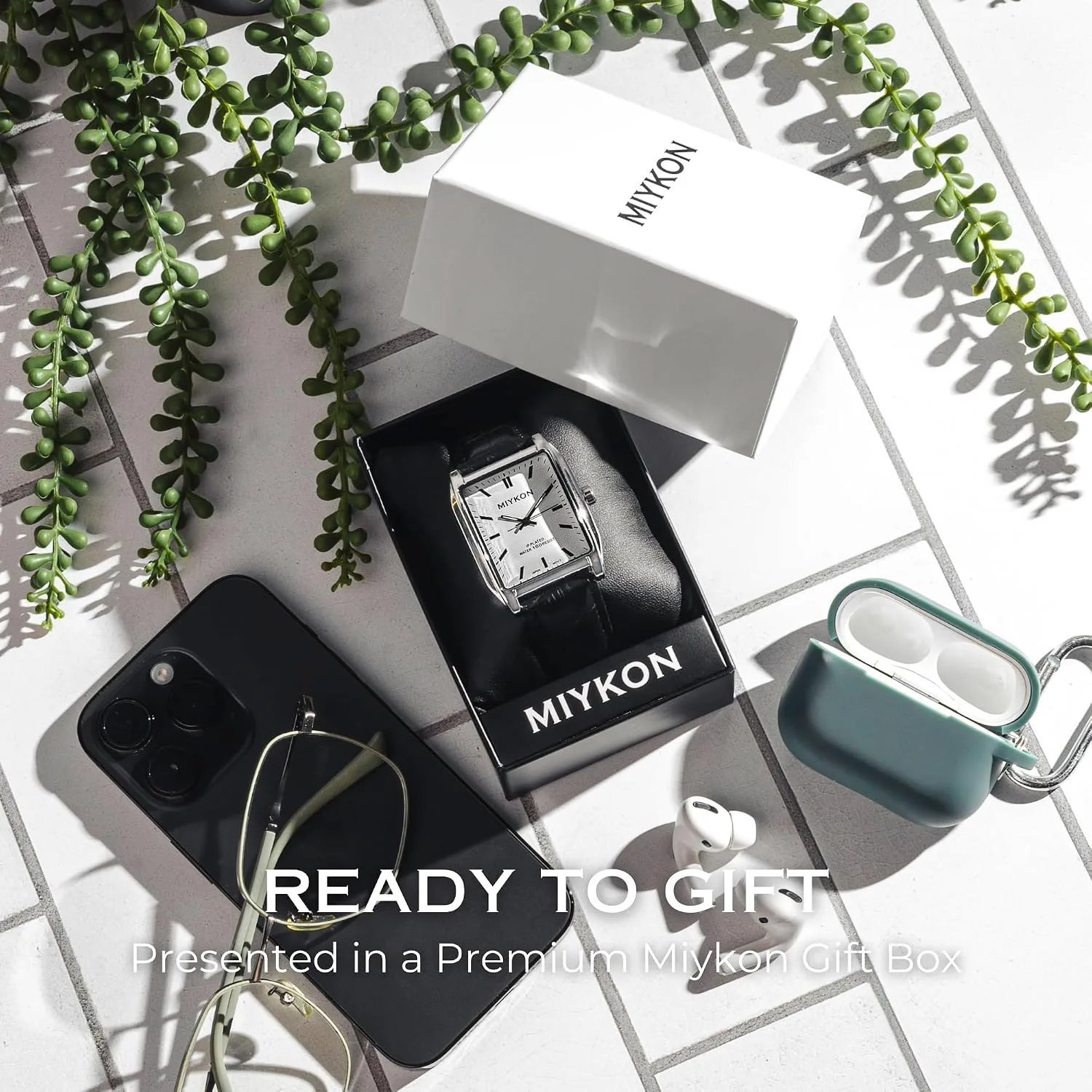 Miykon Men Vintage Tank Dress Watch, Genuine Leather Strap, Water Resistant