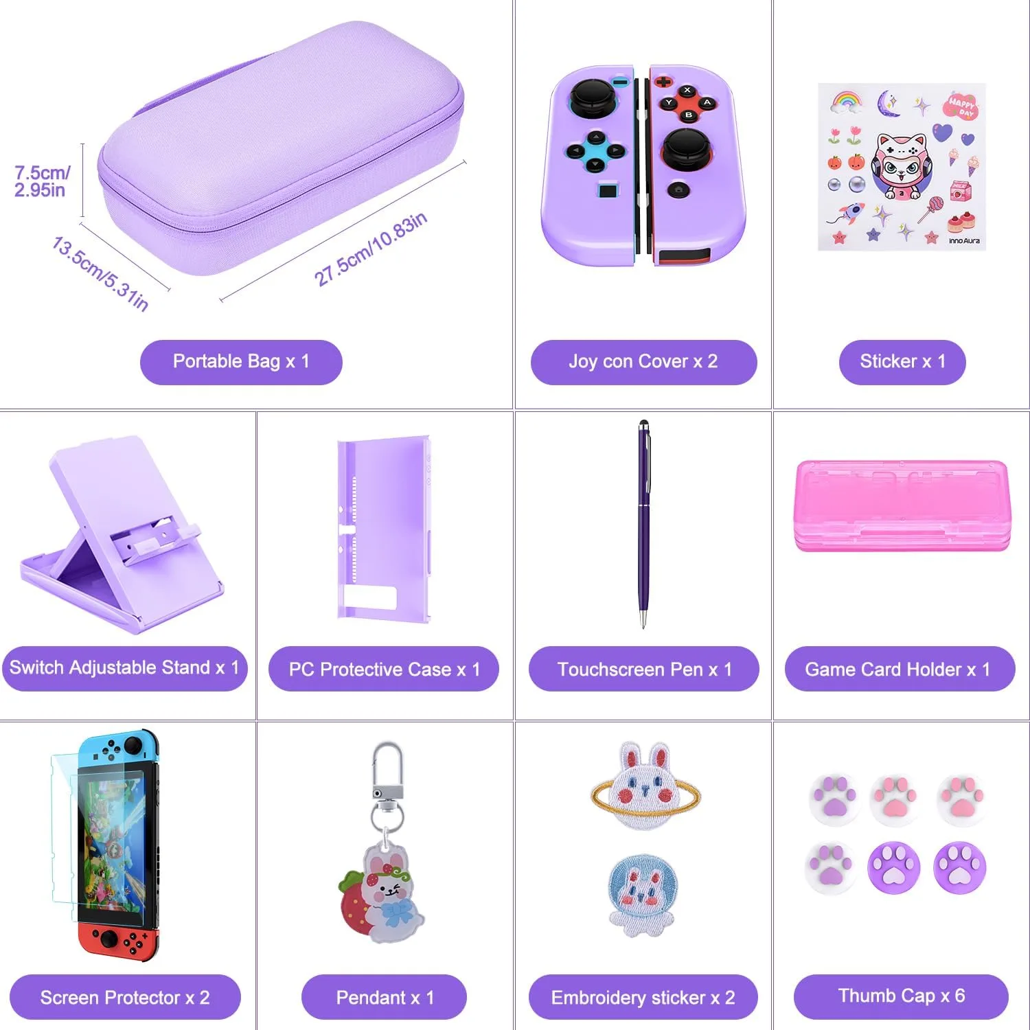 innoAura Switch Case 19-in-1 Bundle for NS Switch (2017), with Carrying Case, Game Organizer, Screen Protector, Stand and Thumb Grips, Purple