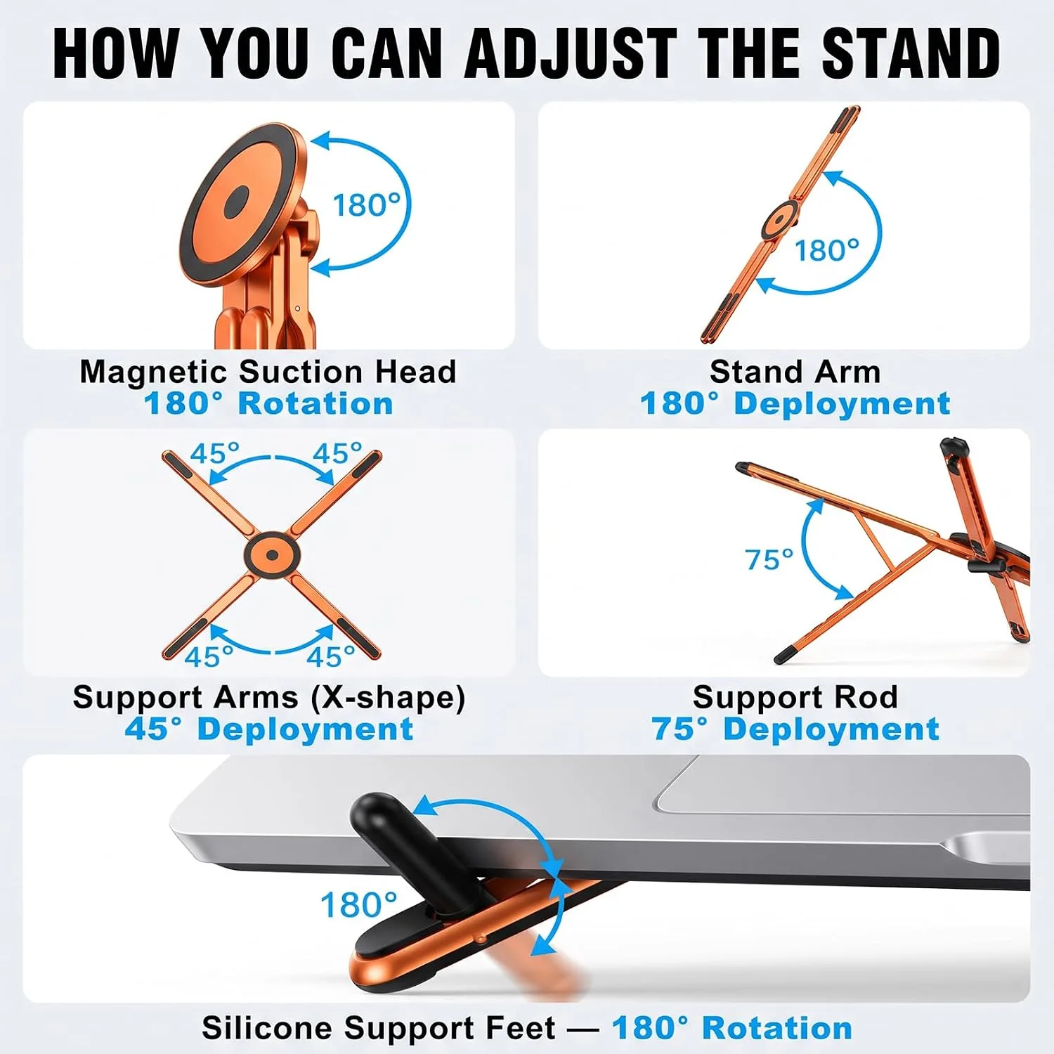 Laptop Cooling Stand with Dual RGB Fans, 7-Level Adjustable Height, Aluminum Ergonomic Laptop Cooler for 11-17'' Notebook (Orange - Magnetic)