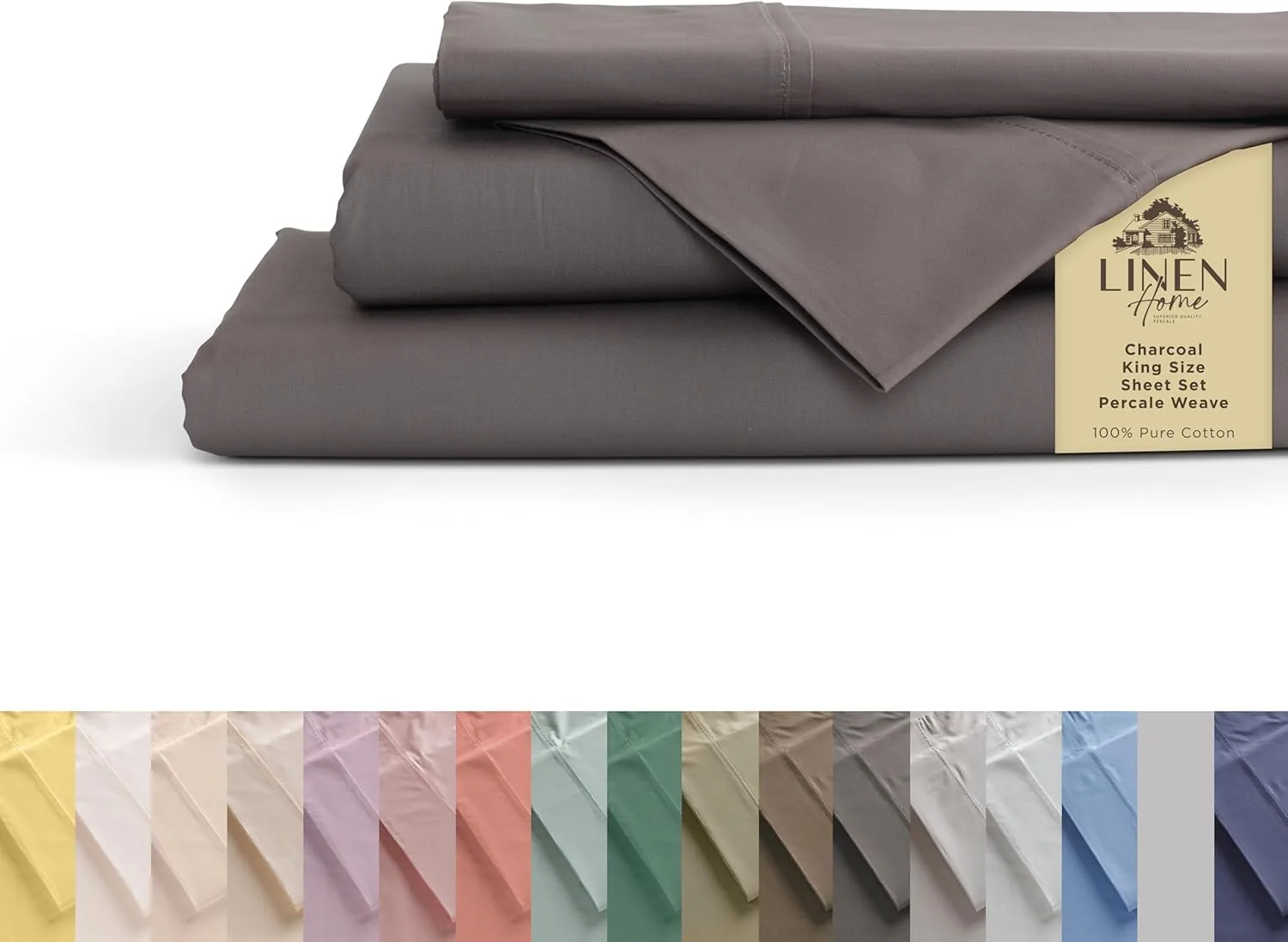 Linen Home 100% Cotton Percale King Sheets, 4 Pc Cooling Set - Charcoal