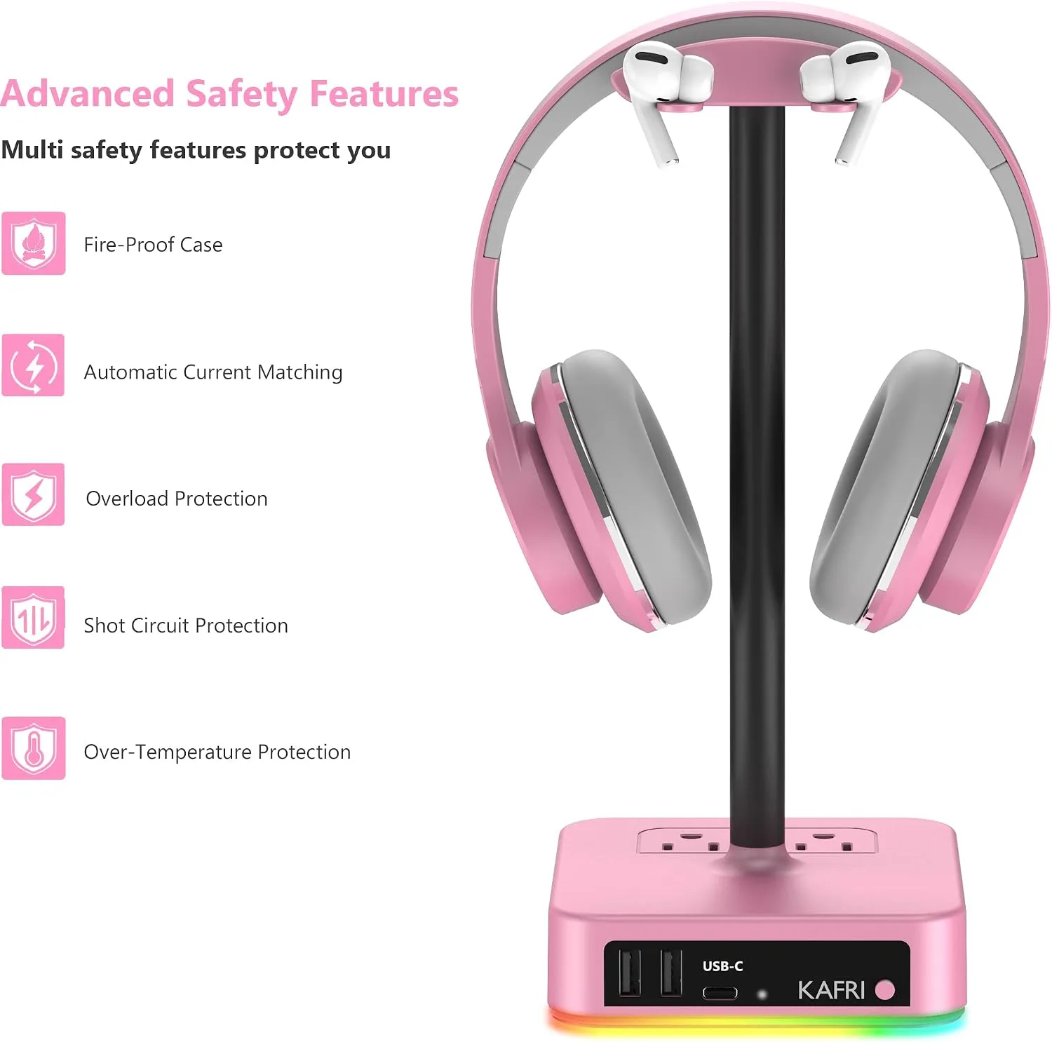 KAFRI RGB Headphone Stand with USB Charger Desk Gaming Headset Holder Hanger Rack with 3 USB Charging Port and 2 Outlet - Suitable for Gamer Desktop Table Game Earphone Accessories Girlfriend Gift