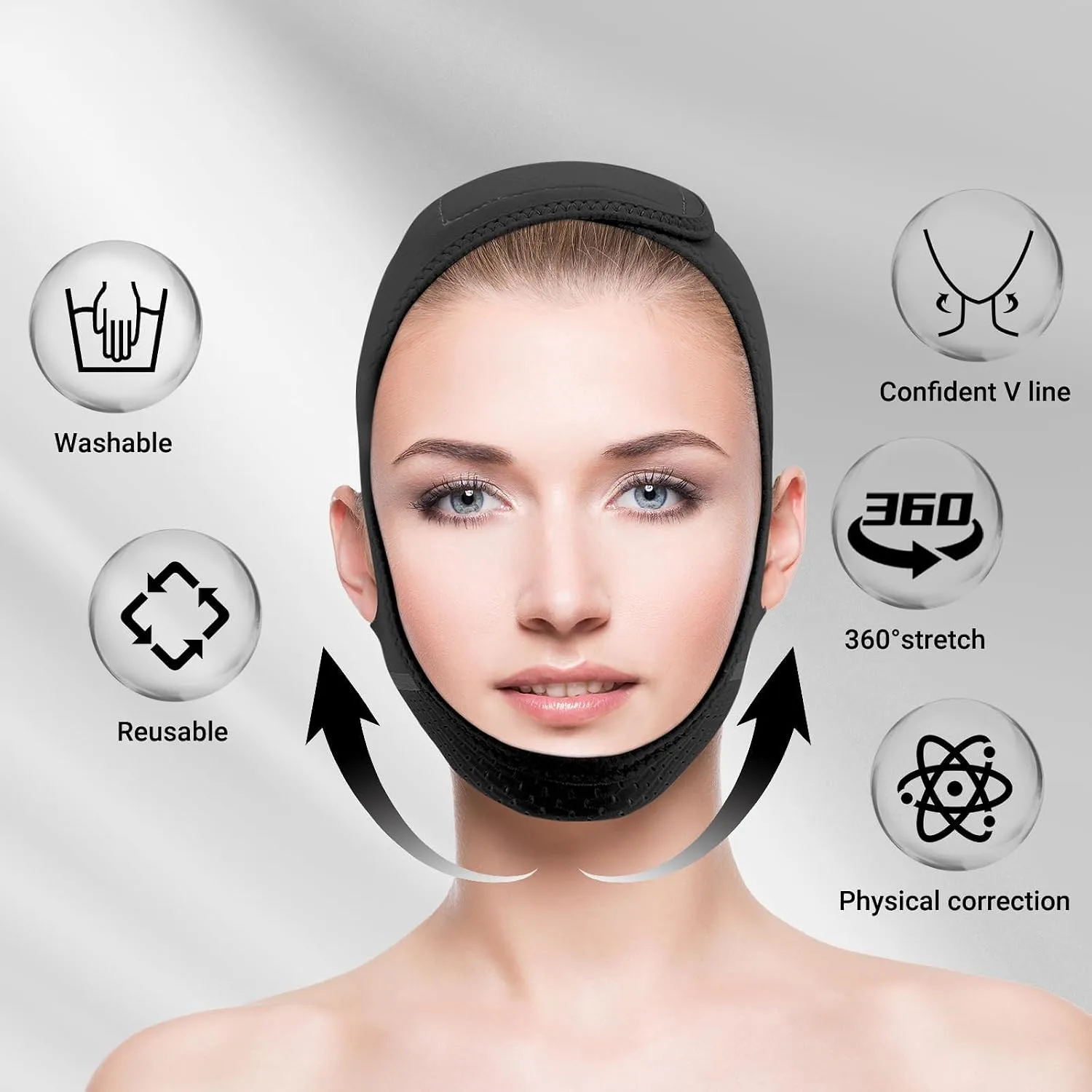 Juskaa Reusable V Line Lifting Mask with Chin Strap for Sleeping,Face Lift Prevent Sagging, Jaw Exerciser,Black,M