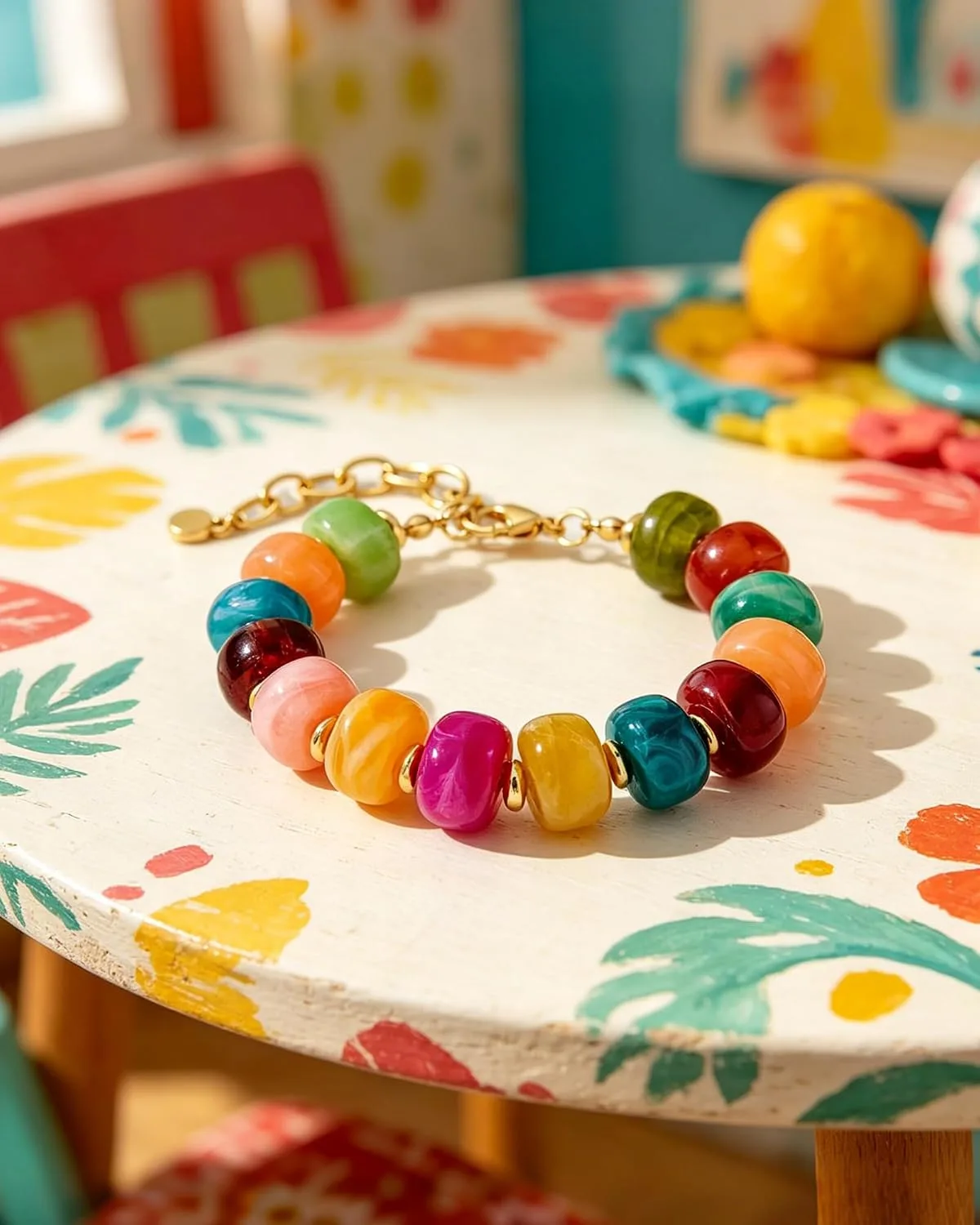 Colorful Beaded Bracelet for Women Chunky Colorful Resin Stone Beads Bracelet Bohemian Style Multicolor Bracelets Trendy Fall Autumn Outfits Jewelry Accessories