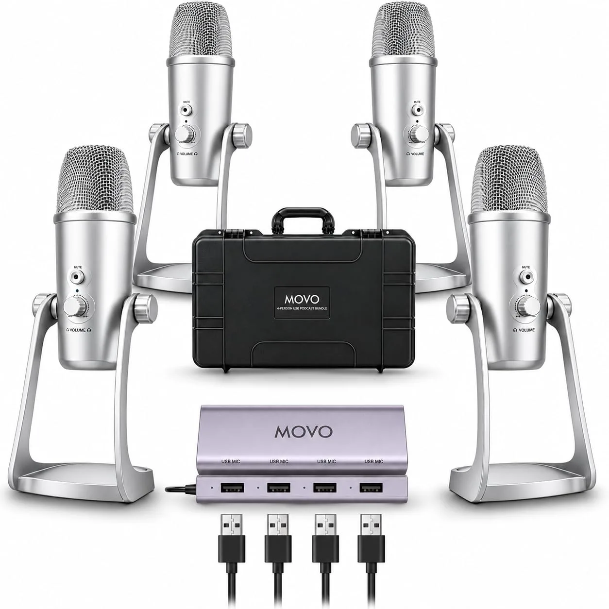 Movo 4-Person USB Podcast Equipment Bundle – 4 Condenser Mics, Hub & Case