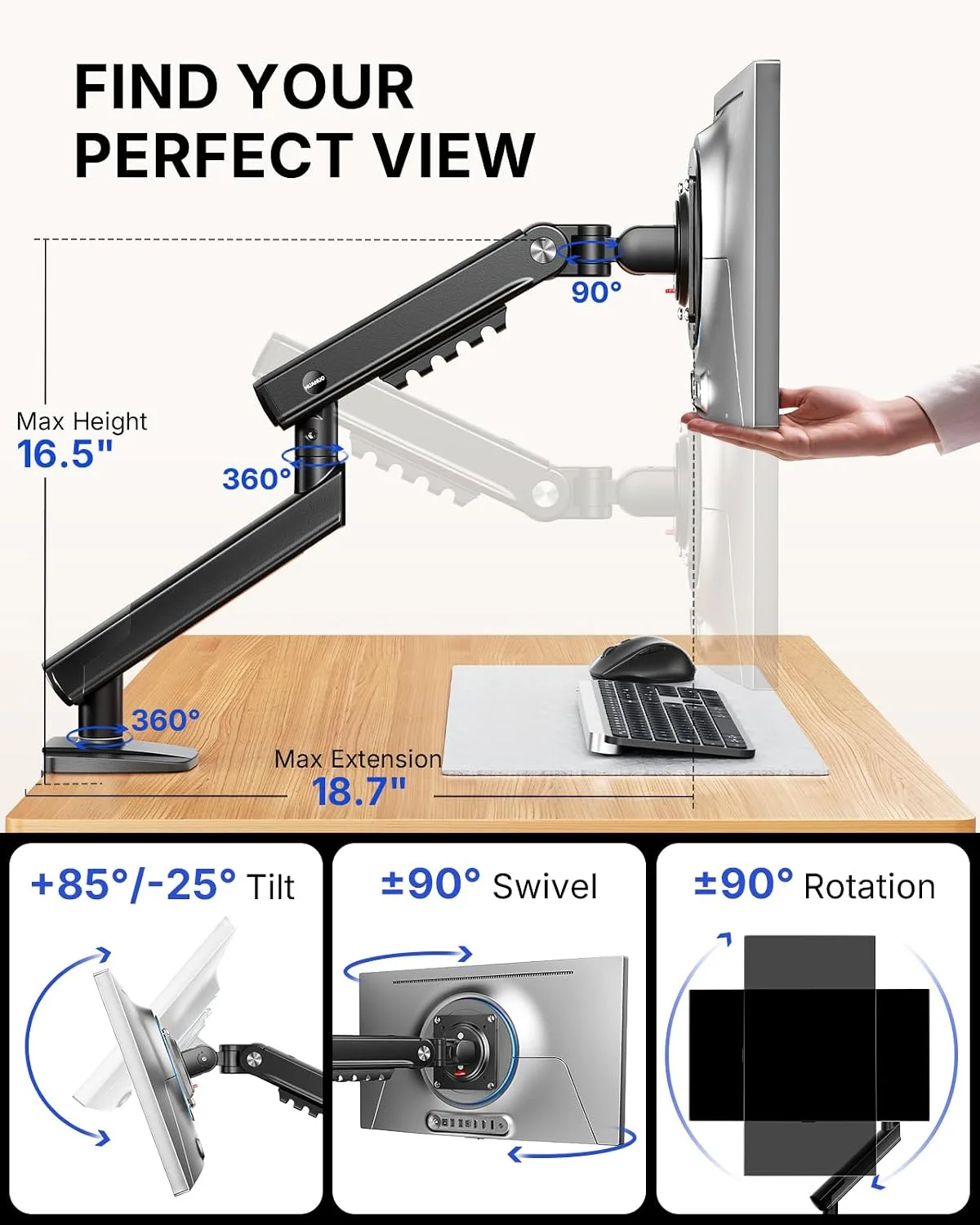 HUANUO FlowLift™ Pro Monitor Arm for 13–32" Screens, MechaSpring Monitor Mount, Fully-Adjustable Monitor Stand with Tilt/Swivel/Rotation, Tool-Free VESA Mount, C-Clamp/Grommet Base, Max Load 15.4 lbs