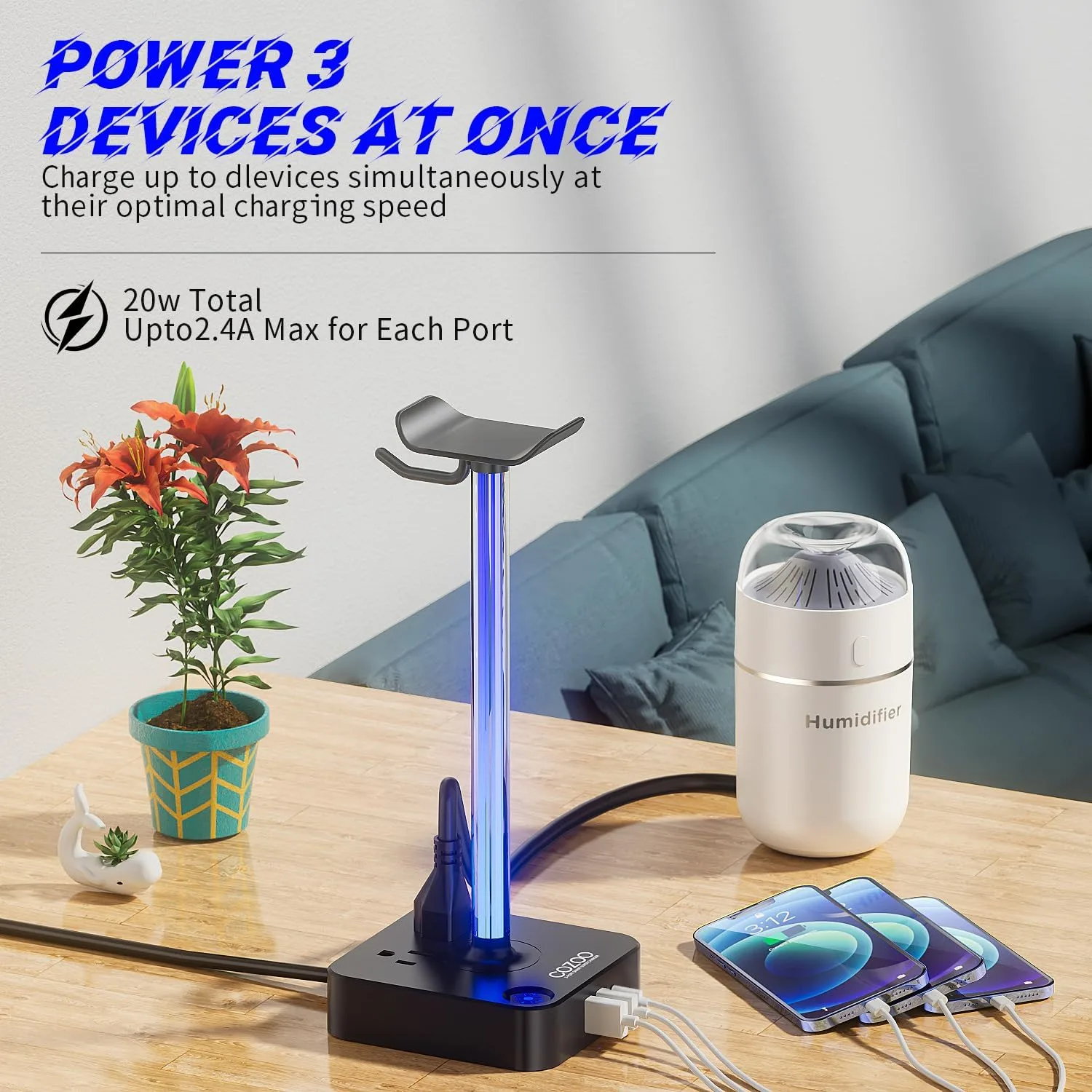 cozoo Headphone Stand with Charger, USB C, Gifts for Gamers Men, Black Pro