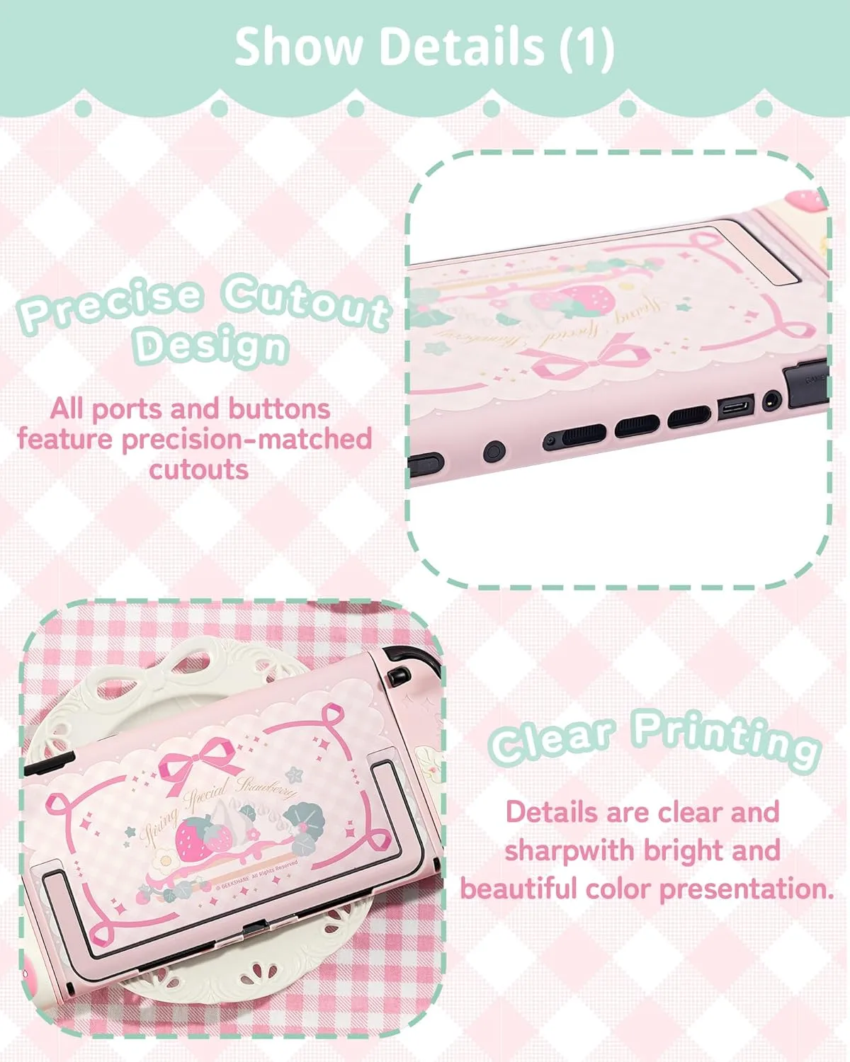 GeekShare Strawberries with Cream Case Compatible with Switch 2, Slim Separable Soft Silicone Protective Shell with 2 Thumb Grip Caps -- Pink