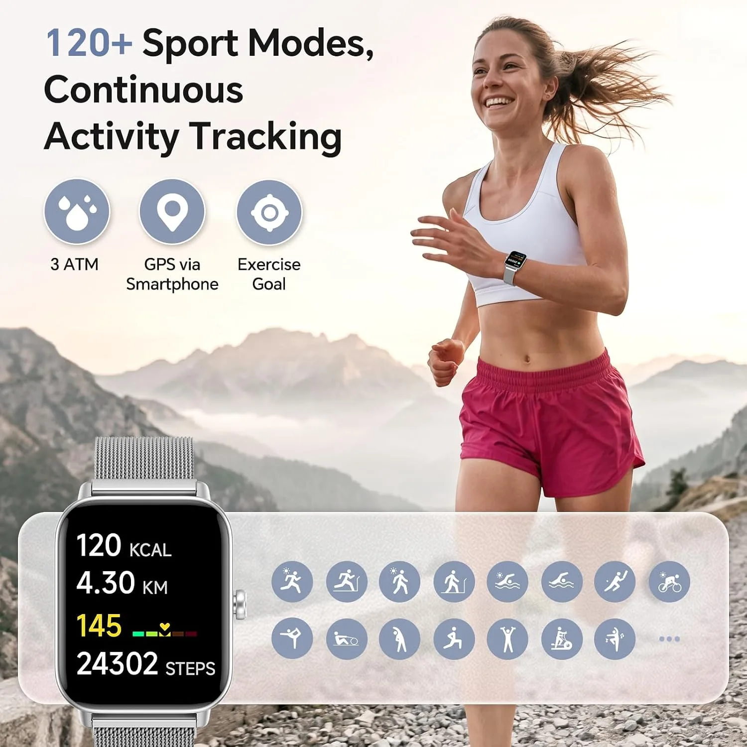 Smart Watches for Women Men (2 Bands), 1.85" HD Alexa Smart Watch for Android Phones & iphone Compatible, 120 Sport Modes Fitness Watch, Heart Rate/SpO2/Sleep Tracker, 3ATM Waterproof Pedometer Watch