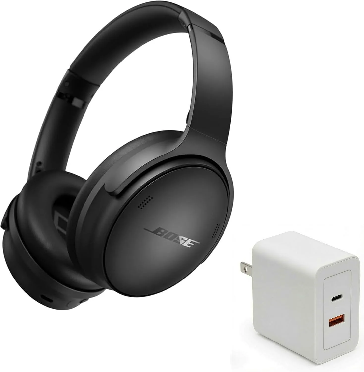 Bose QuietComfort Headphones Bundle with Fast Charger - Wireless Bluetooth Over-Ear Noise Cancelling Headphones with Mic, USB-C Charging, Deep Bass, Up to 24 Hours Playtime (Black)