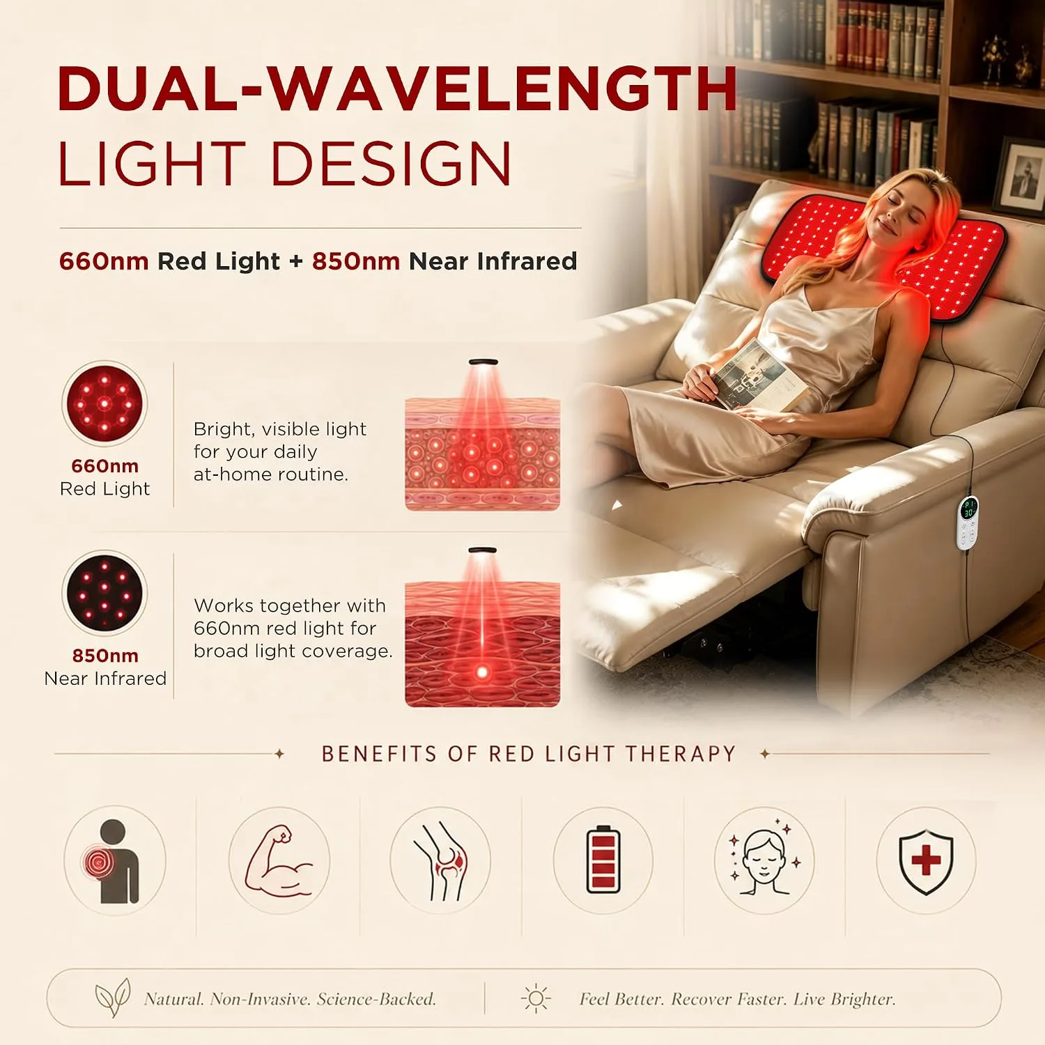Red Light Therapy for Body,FSA&HSA Eligible Infrared Light Therapy Mat,24"x 12” Dual Wavelength and 10-90 Min Timer,4 Modes and 5 Levels with Medical-Grade TPU for Full Body Pain Relief