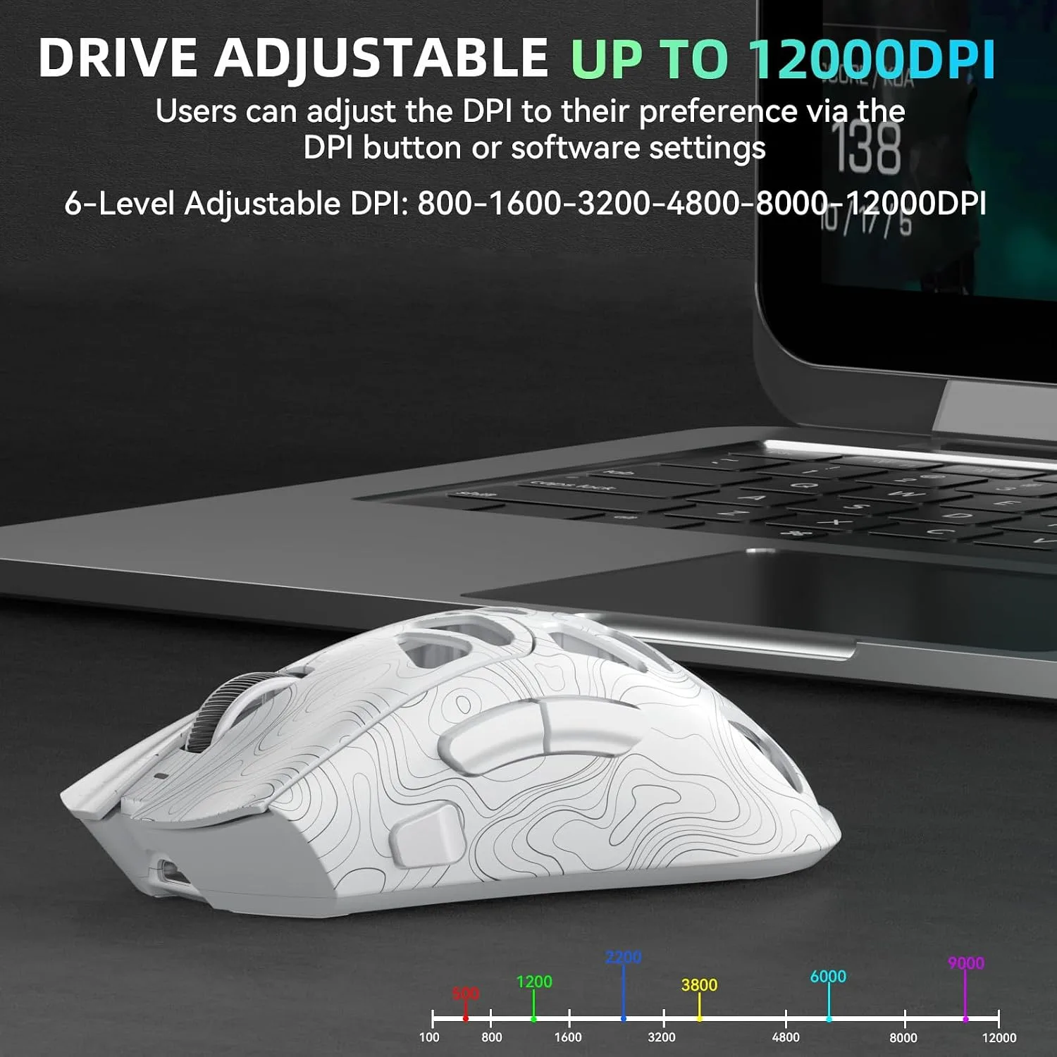 Aula SC620 Wireless Gaming Mouse, Tri-Mode 2.4GHz/USB-C/BT5.3 Computer Mouse with 12000 DPI, Programmable Macro Gamer Mouse with Rapid Fire Key, RGB Light Gaming Mice for PC/Laptop/Mac (Line White)
