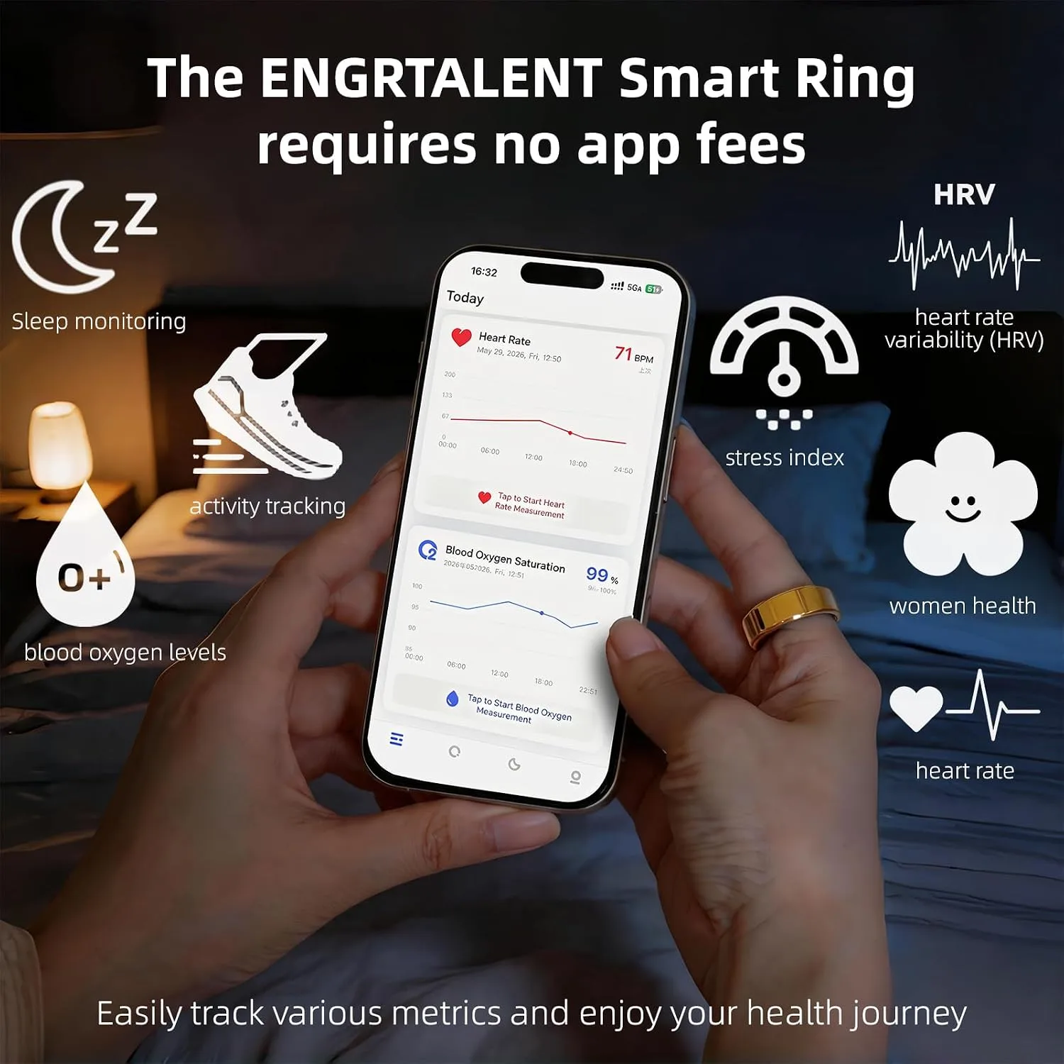 Smart Ring for Women & Men, Fitness Tracker Ring No App Fee (Gold 9)