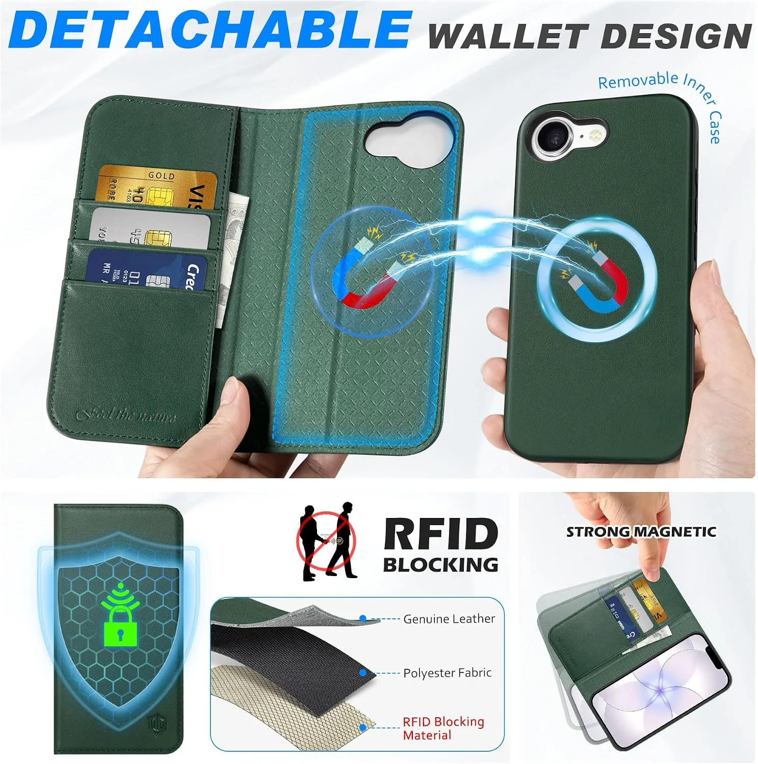SHIELDON 2 in 1 Genuine Leather Case Wallet for iPhone 17e 6.1", Evergreen