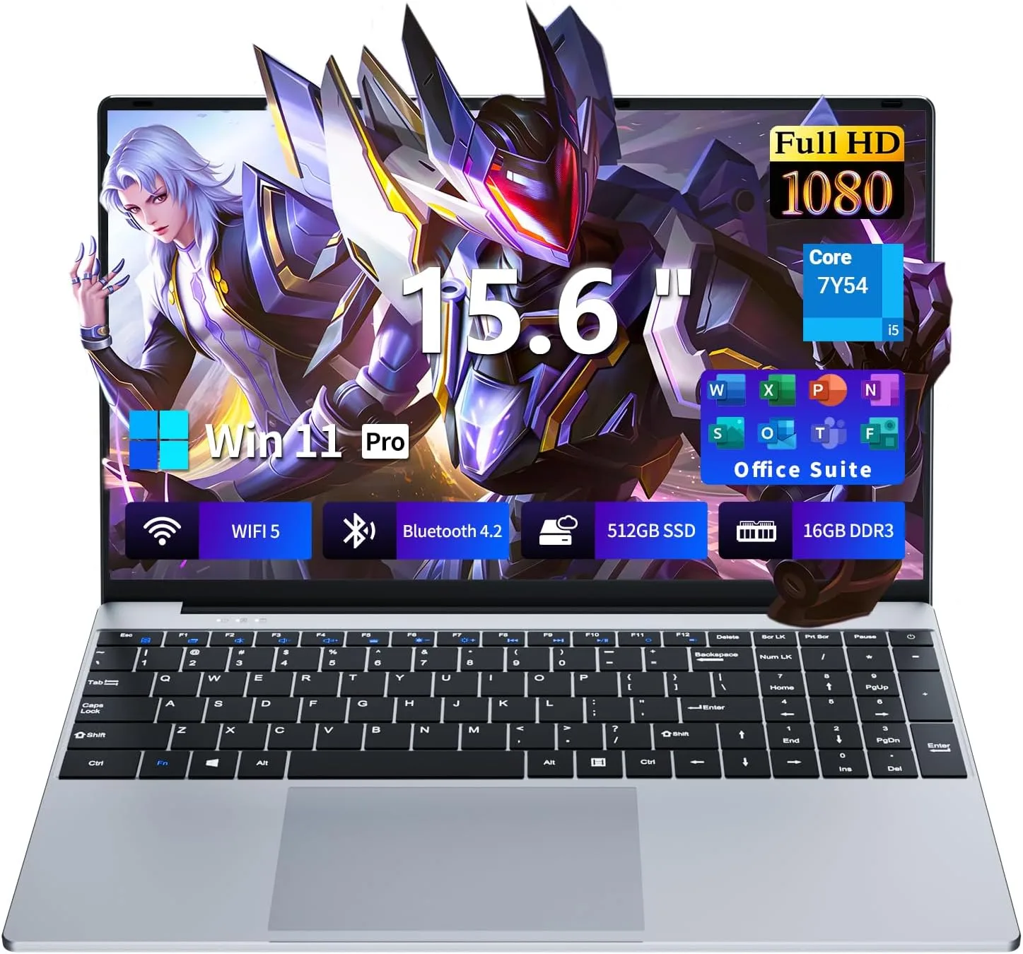 15.6 Inch Laptop Computer, 16GB RAM 512GB SSD Core i5-7Y54 Lap top, 180° Convertible Notebook Laptops with Win 11/Office, Backlit Keyboard, FHD Display, 180° Rotating Screen, WiFi5/ BT4.2, Mini HDMI