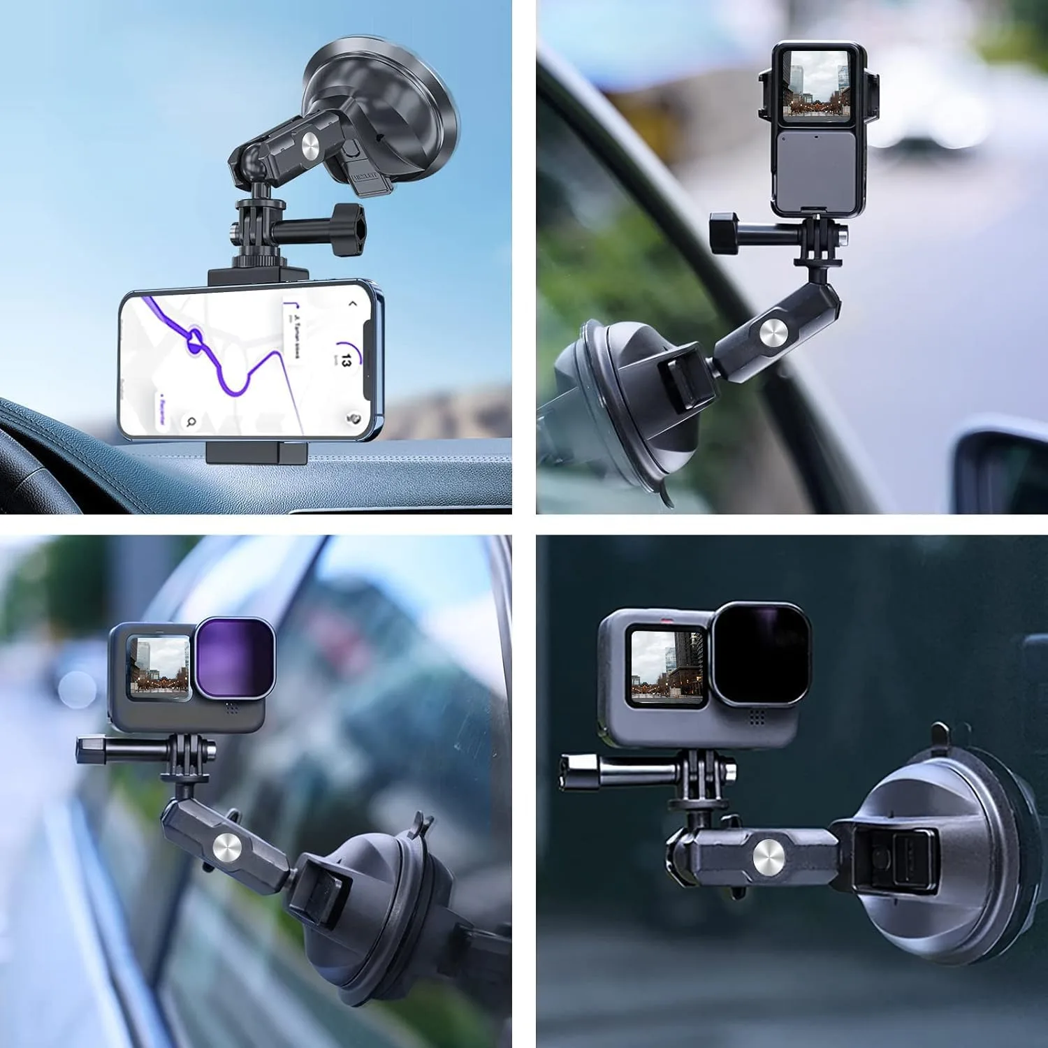 TELESIN Suction Cup Car Mount with Phone Holder, Windshield Window Dashboard Boats Vehicle Attach for DJI Osmo Pocket 4/3 Action 6/5/4 GoPro Mission 1 PRO Hero 13 Insta360 Luna Ultra Xtra Camera Mount