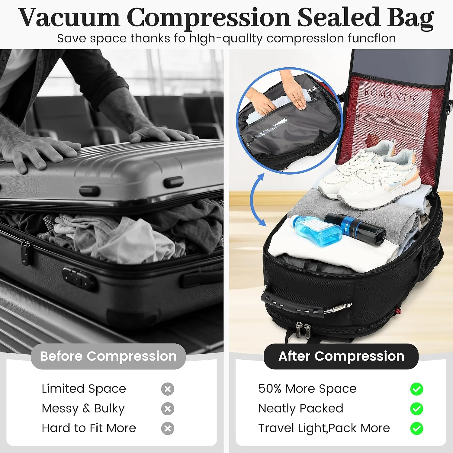 Boavan Vacuum Seal Backpack for Travel with Pump, 55L Large Bag with Zipper‑Off Detachable Vacuum Compression Bag Waterproof Carry On Large Travel Bag for Airline，Bags and Backpack Used Independently