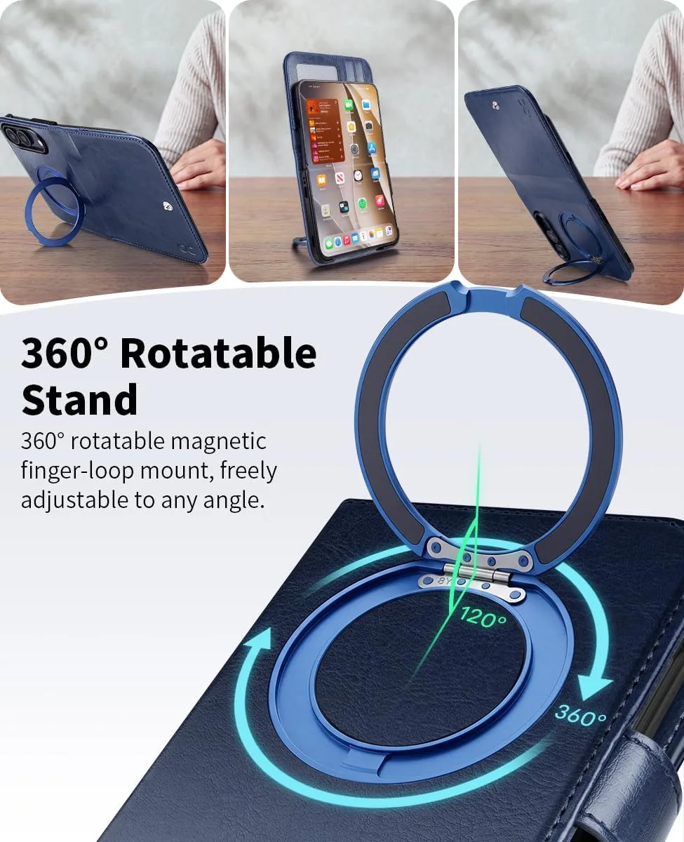 OCASE for iPhone Duo Wallet Case with Ring Stand, Card Holder, Blue