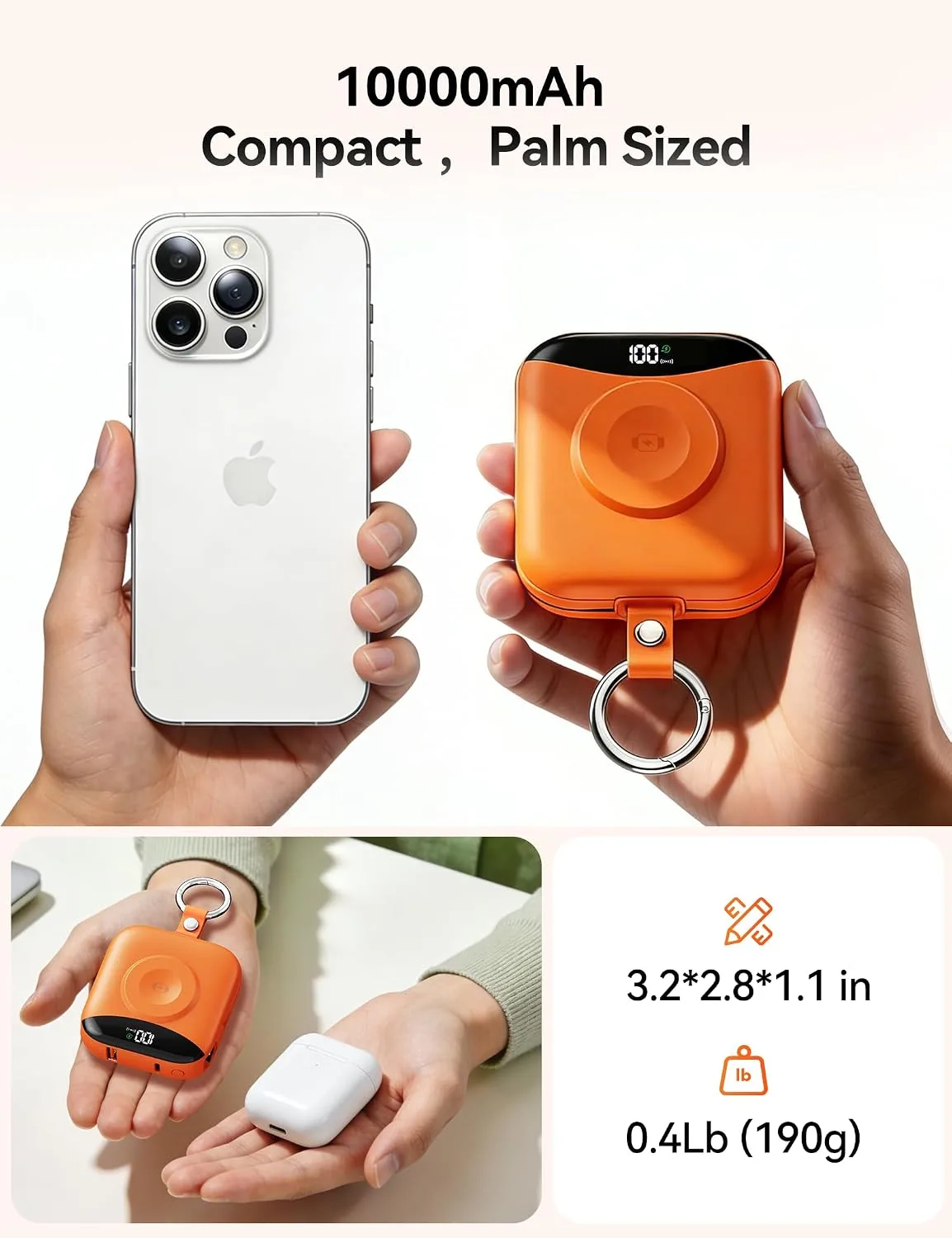 Portable Charger 10000mAh 22.5W Power Bank Built-in 2 Cables Keychain