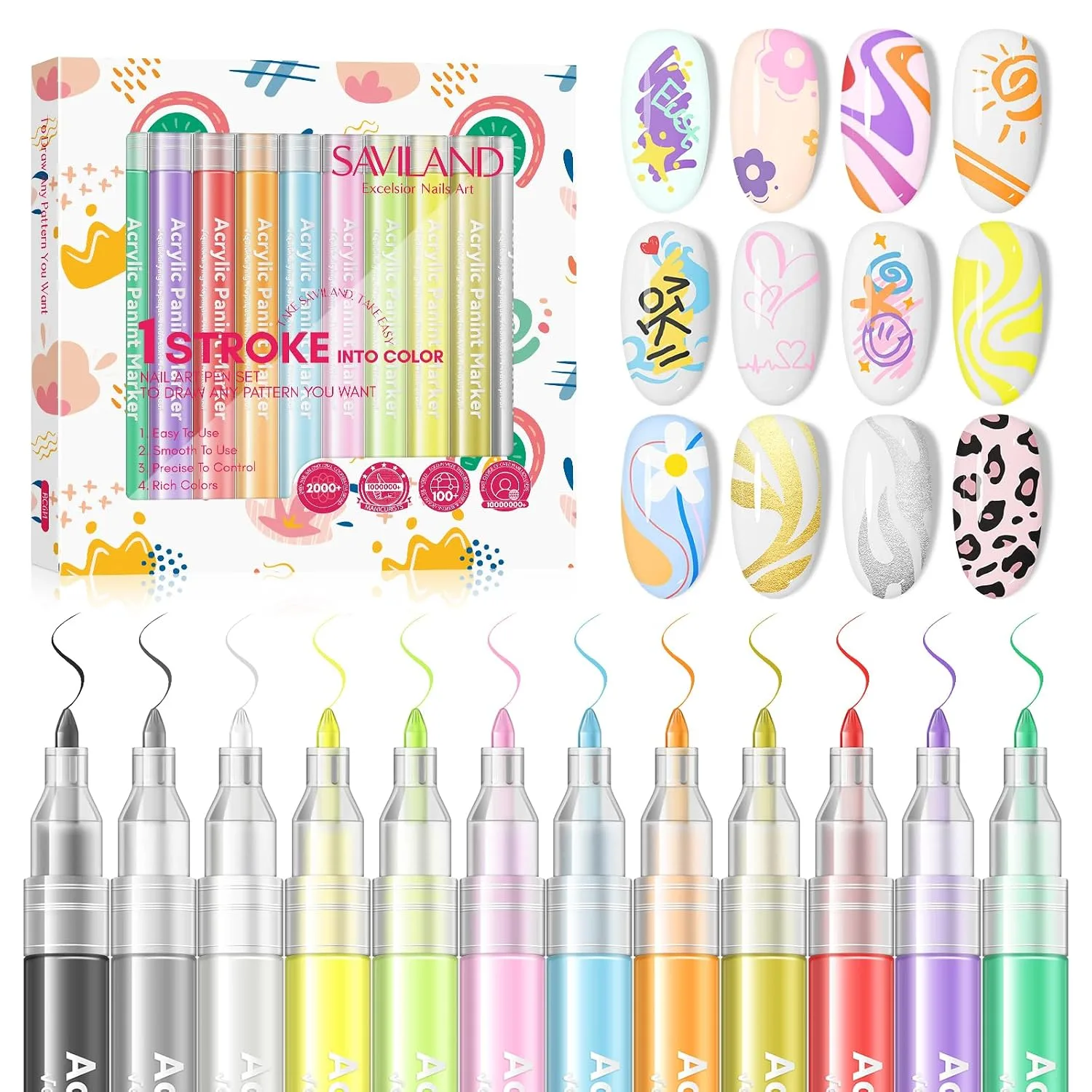 Set de 12 Marcadores para Arte en Uñas Saviland punta fina 0.7mm