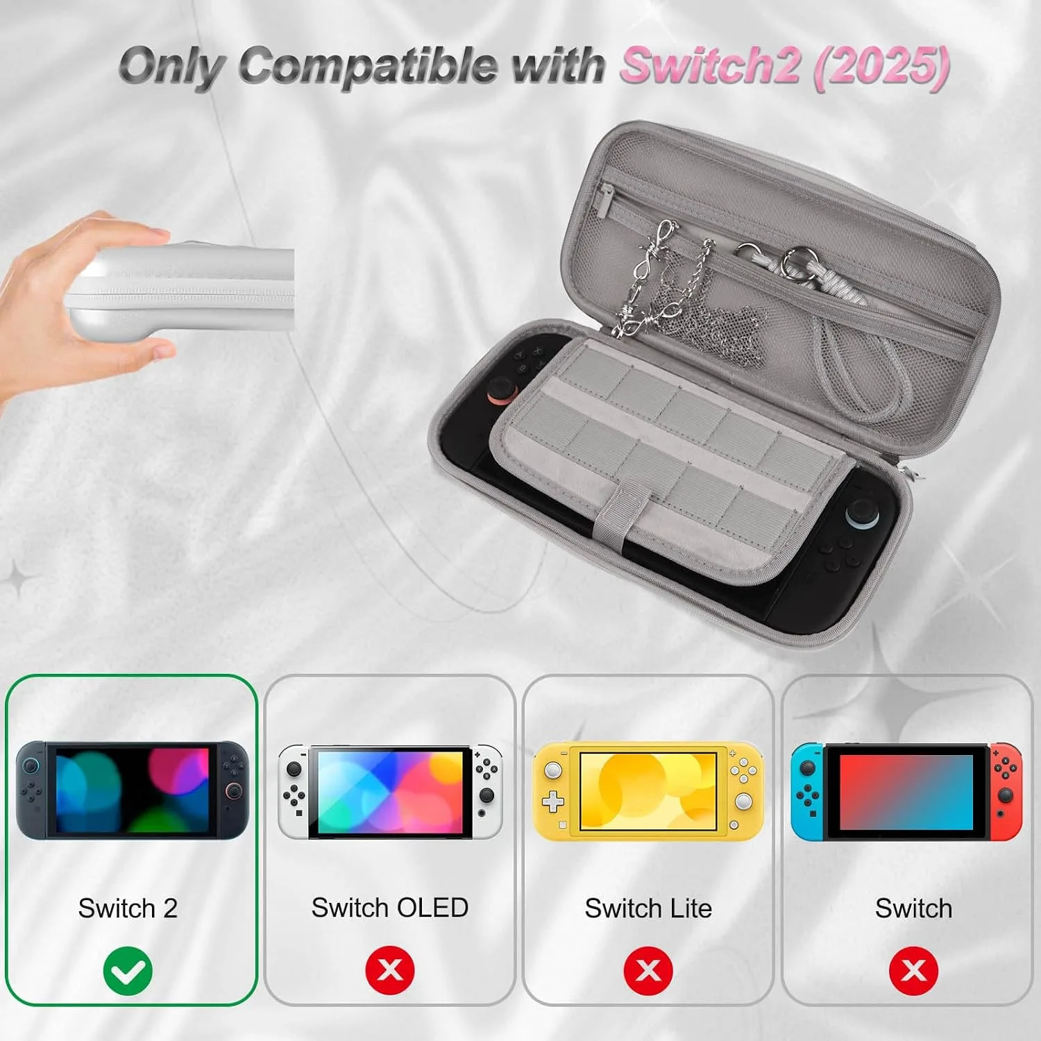 VirgoCCY Y2K Silver Carrying Case Set for Nintendo Switch 2 2025, with Y2K Silver Chain Strap, Handle Strap, Cute Charms Travel Cases Portable Storage Protective Hard Shell for Girls Girly