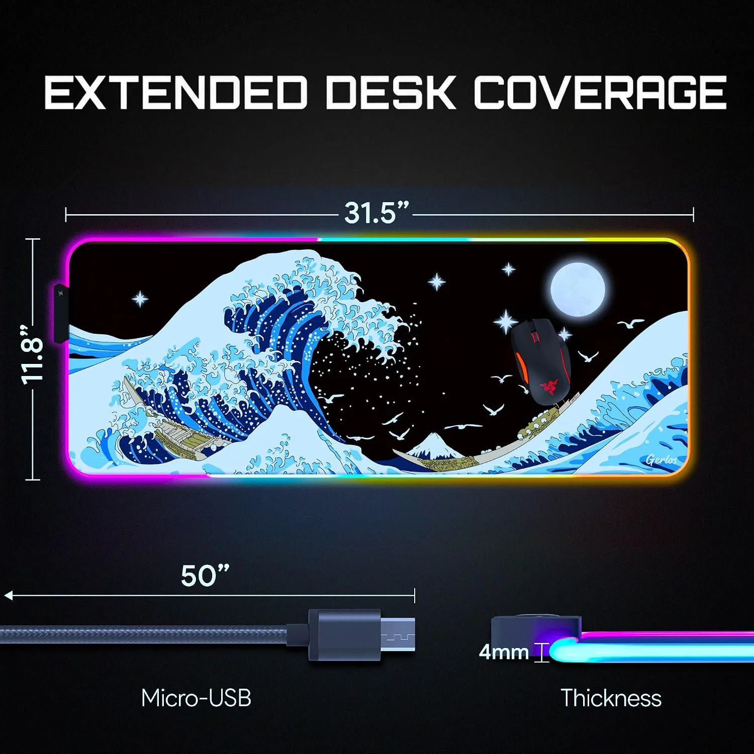 Gerlos RGB Gaming Mouse Pad, Large LED Mouse Pad for Gamer, 31.5" x 11.8"