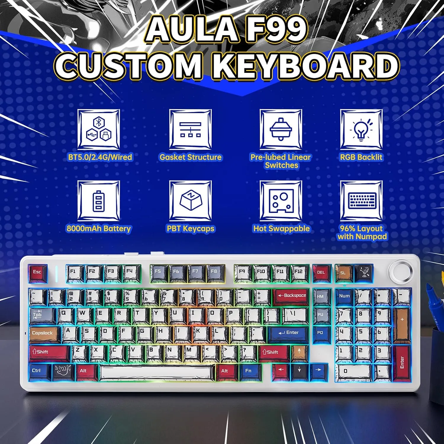 x Aula F99 Pro Mechanical Keyboard, Wireless Gaming Keyboards RGB Backlit Hot Swappable Custom Creamy Bluetooth Computer Keyboard, Tri-Mode BT5.0/2.4GHz/USB-C, Pre-lubed Switches PBT Keycaps