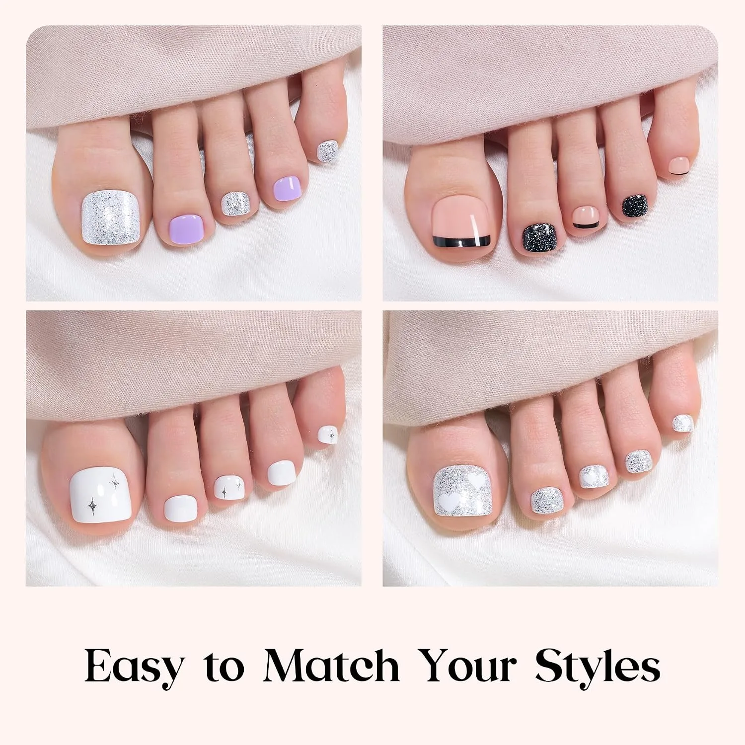 Beetles Press On Toe Nails Kit- 288 Pcs 12 Colors, Short Squoval Toenails