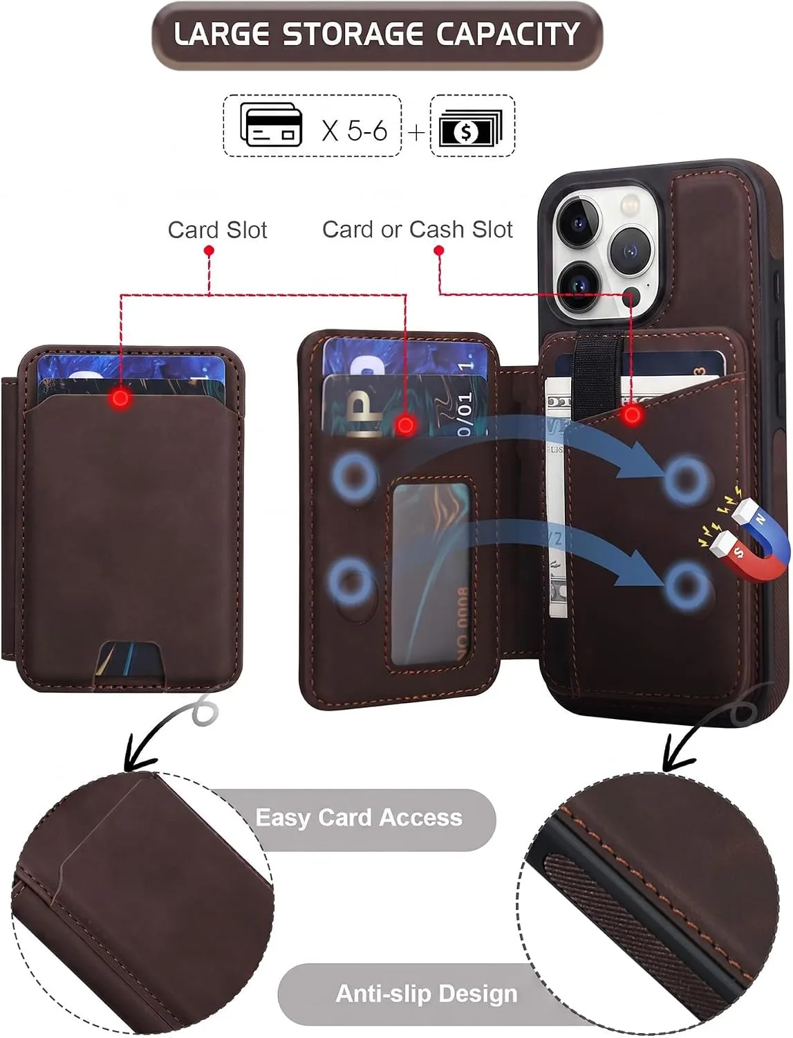 Magnetic Detachable Wallet Case for iPhone 16 Pro with Kickstand,2-in-1 MagSafe Compatible RFID Blocking Card Holder,Slim PU Leather Cover Vintage Brown