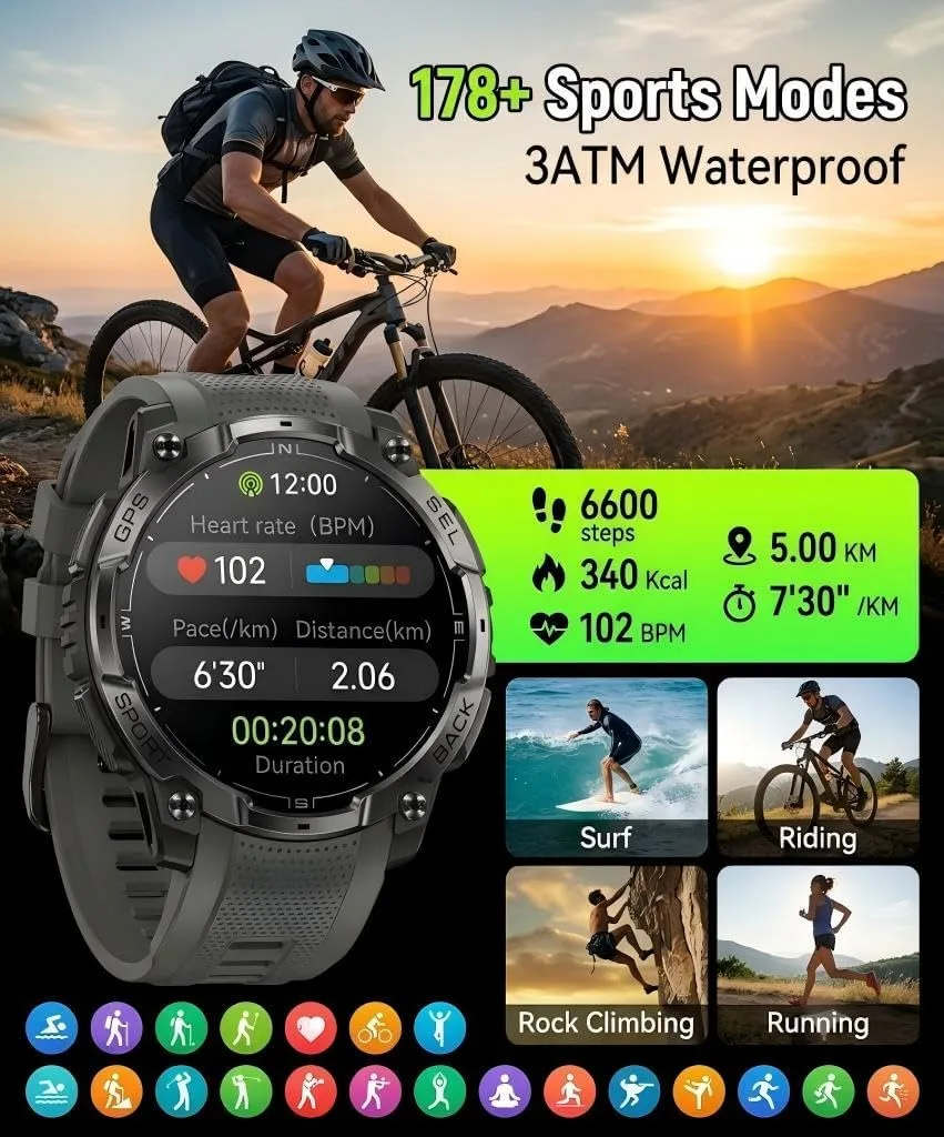 Military Smart Watch for Men, Built-in GPS, Bluetooth Call, 3ATM Waterproof