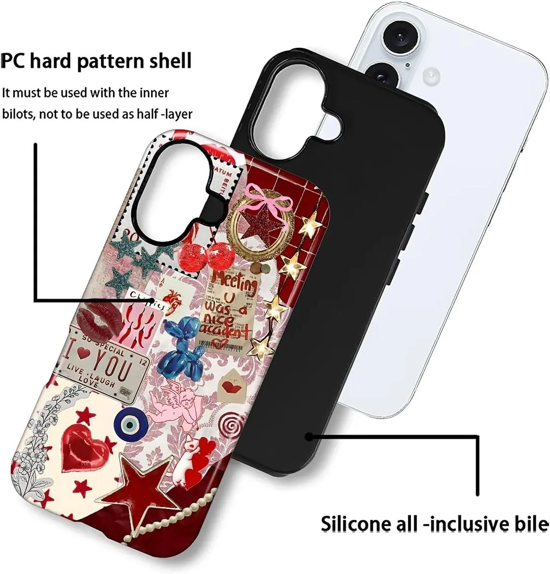 DAIZAG Case for iPhone 16,Mixed 2 Layer Design Shockproof Soft TPU Ddouble Protection Phone Case for iPhone 16-Conch Red Pearl Collage