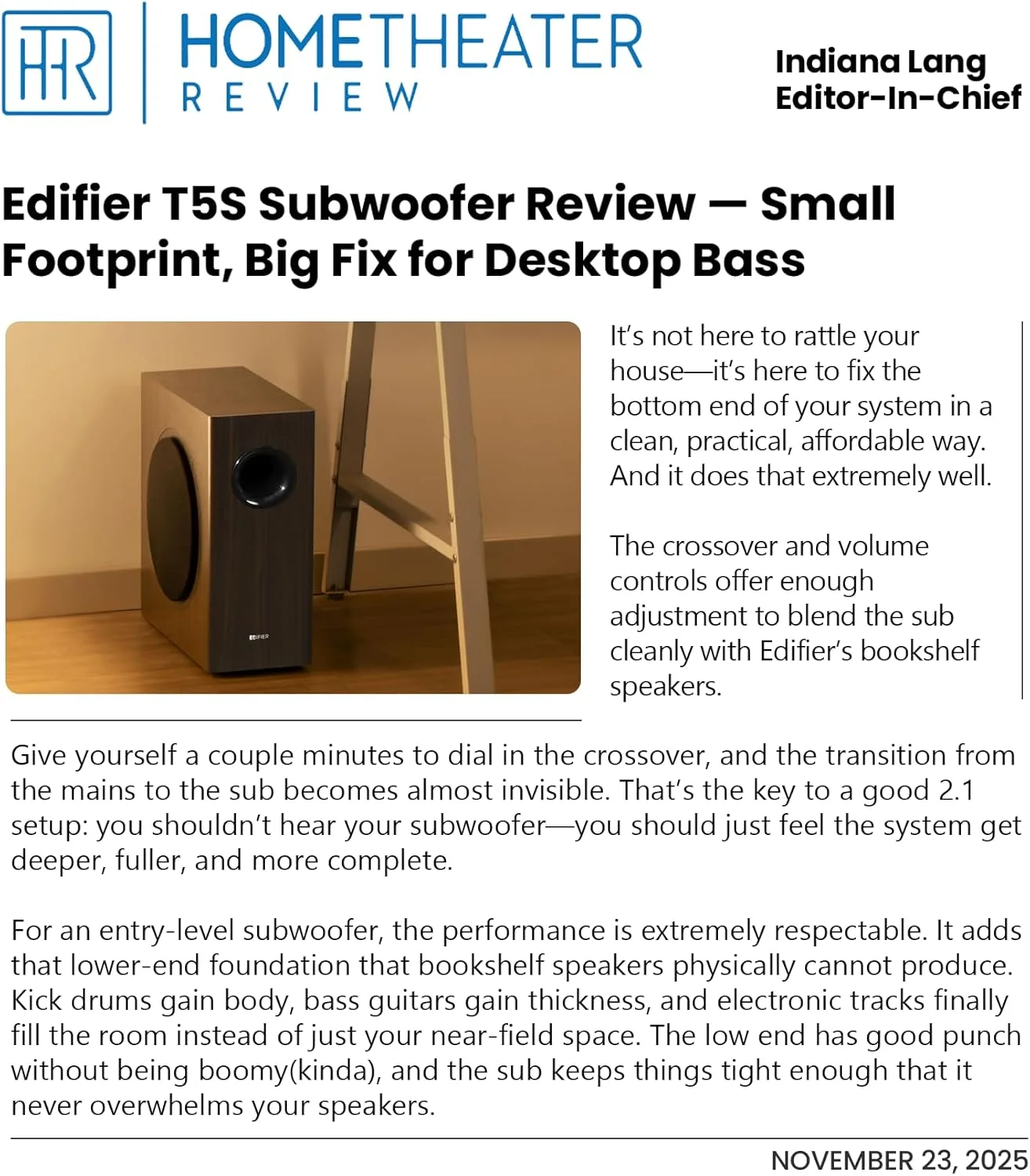 Edifier T5s Powered Subwoofer, 70W RMS, 8" Woofer, 35Hz Deep Bass, Black