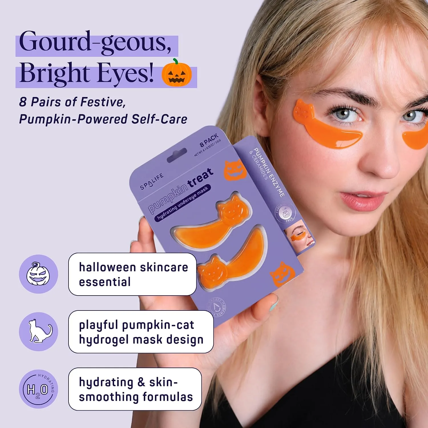 SpaLife Pumpkin Korean Under Eye Patches | Halloween Boo Basket Ideas | Hydrogel Eye Patch for Dark Circles | Halloween Gifts for Girlfriend | Pack of 6 Pairs (6 Undereye Treatments)