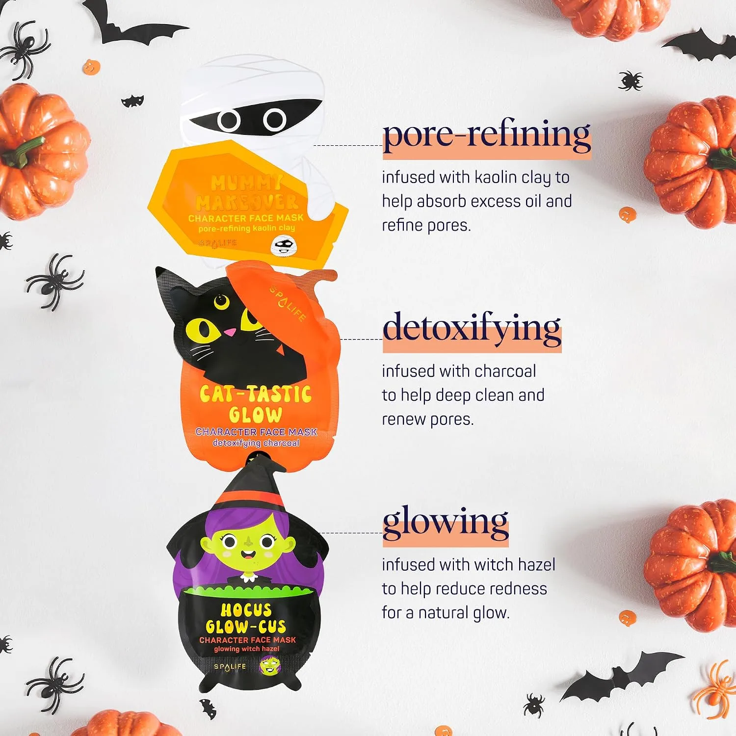 SpaLife Beauty Halloween Face Mask Spooky Glow Bundle | Korean Facial Masks | Pore-Refining, Detoxifying, and Brightening Face Mask Set | Halloween Gifts for Women | Facial Sheet Masks | 12 Pack