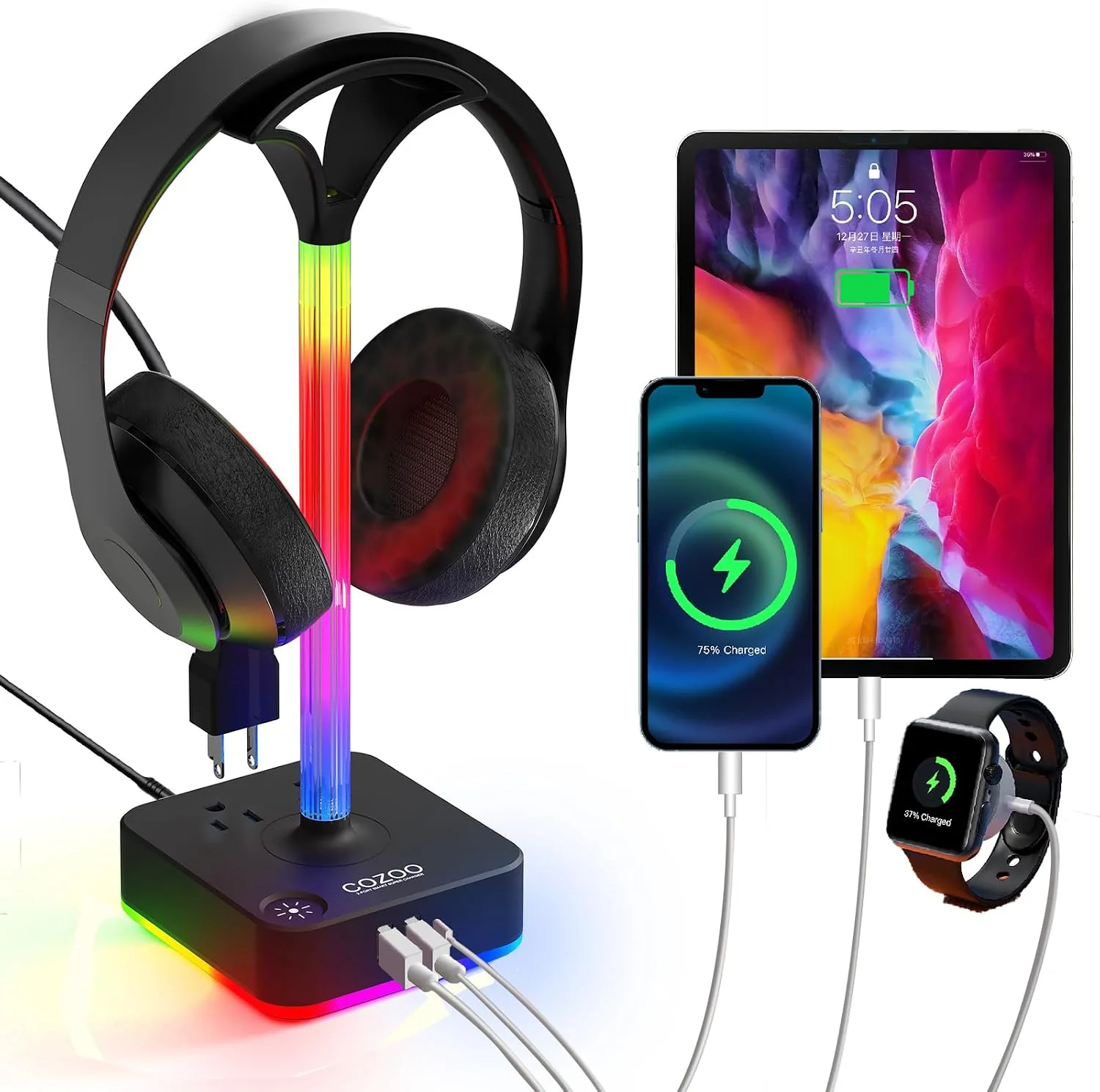 Headphone Stand with Charger for Desk, Gifts for Gamers Men, RGB Black