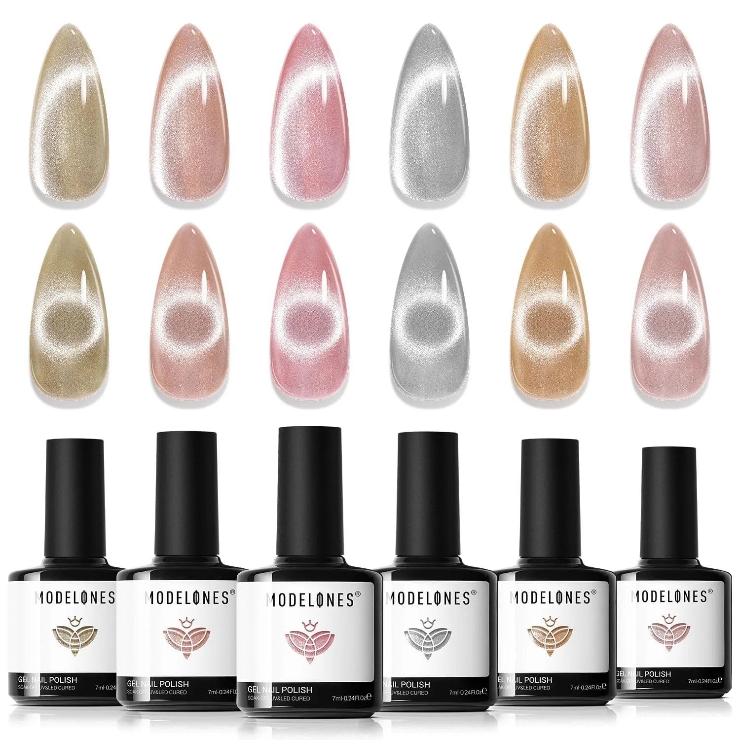 modelones Cat Eye Gel Nail Polish Set Glitter 6Colors Pink Nude Sparkle