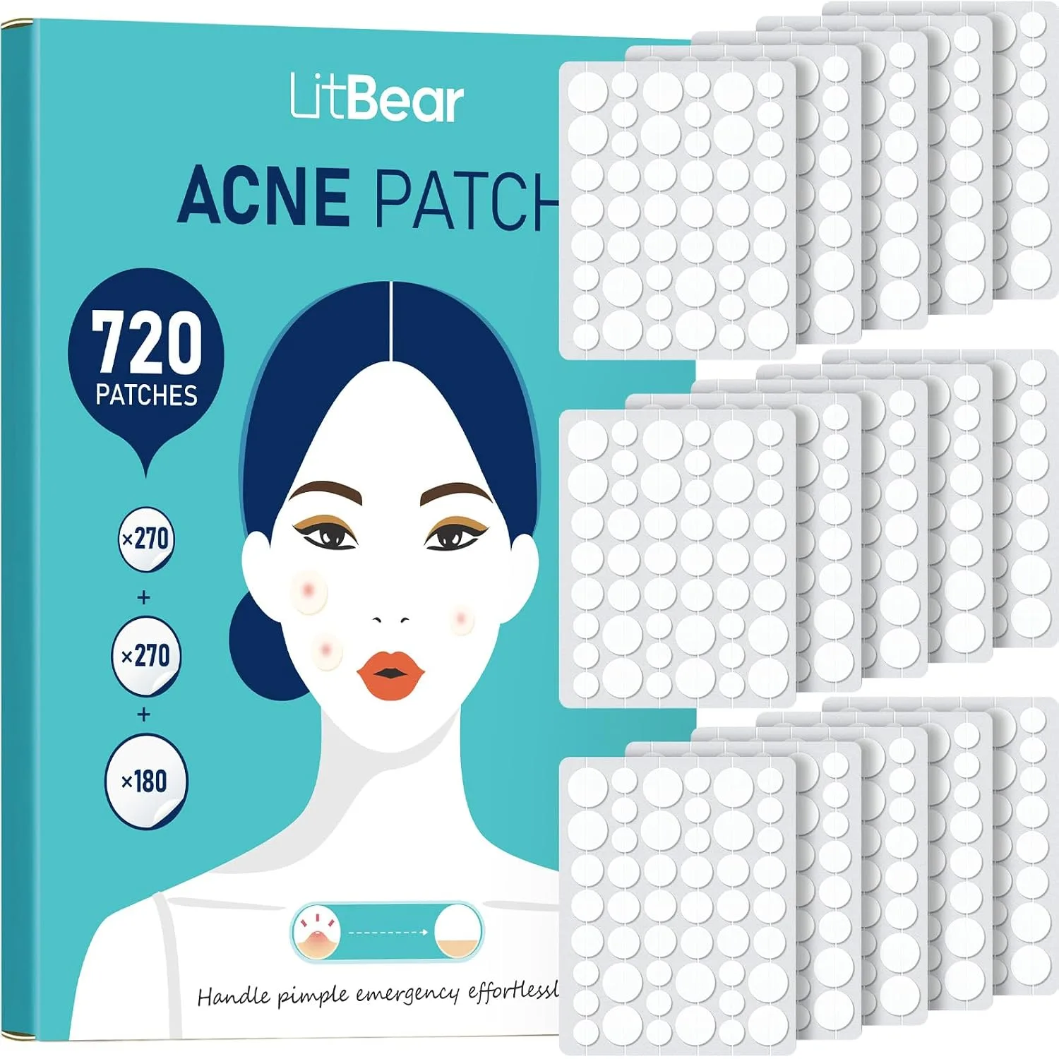 LitBear Pimple Patch Bulk, 720 Patches 3 Size Acne Patches for Face