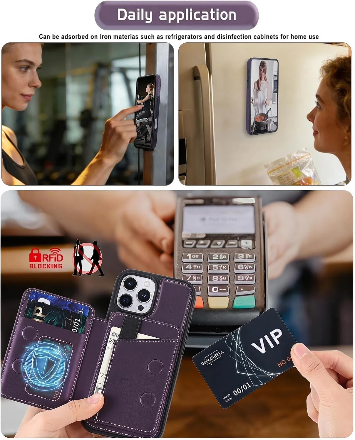 Magnetic Detachable Wallet Case for iPhone 16 Pro Max with Kickstand,2-in-1 MagSafe Compatible RFID Blocking Card Holder,Slim PU Leather Cover Purple