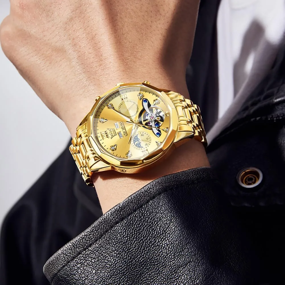 OLEVS Skeleton Men Watches Automatic Business Luxury Diamond Self Winding Watch for Men Stainless Steel Calendar Wrist Watch