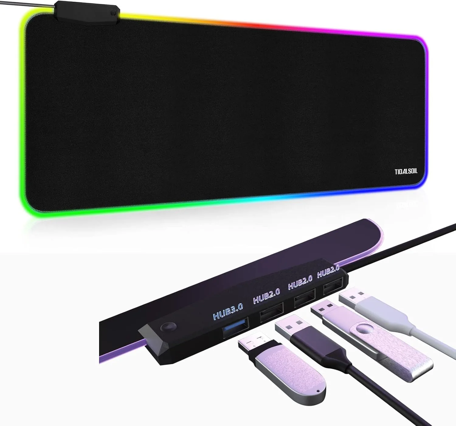 TIDALSOIL RGB Gaming Mouse Pad with 4-Port USB Hub, 31.5x11.8 in Desk Mat