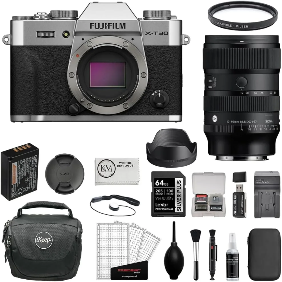 FUJIFILM X-T30 III Mirrorless Digital Camera (Silver) Bundle with Sigma 17-40mm f/1.8 D.C. Art Lens + 64GB Card + Card Reader + UV Filter + Battery Charger + Camera Bag + Cleaning Kit (12 Items)