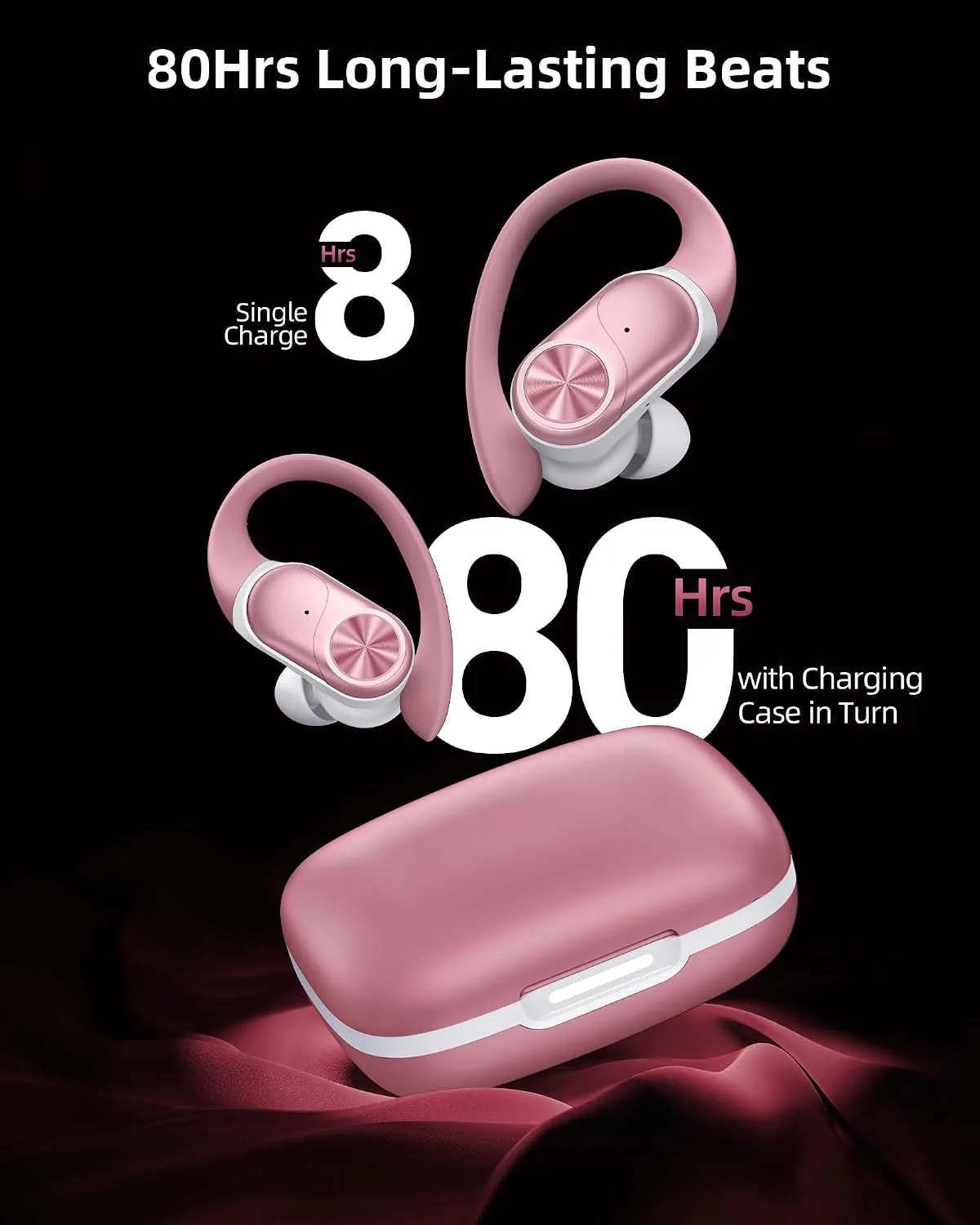 PocBuds Bluetooth Headphones Wireless Earbuds 80hrs Playtime Wireless Charging Case Digital Display Sport Ear Buds with Earhook Deep Bass IPX7 Waterproof Over-Ear Earphones for Phone Laptop Rose Gold