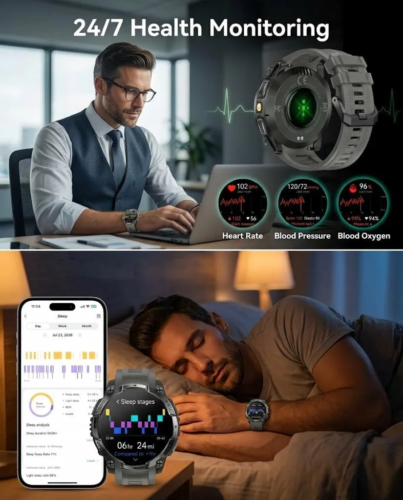 Military Smart Watch for Men, Built-in GPS, Bluetooth Call, 3ATM Waterproof