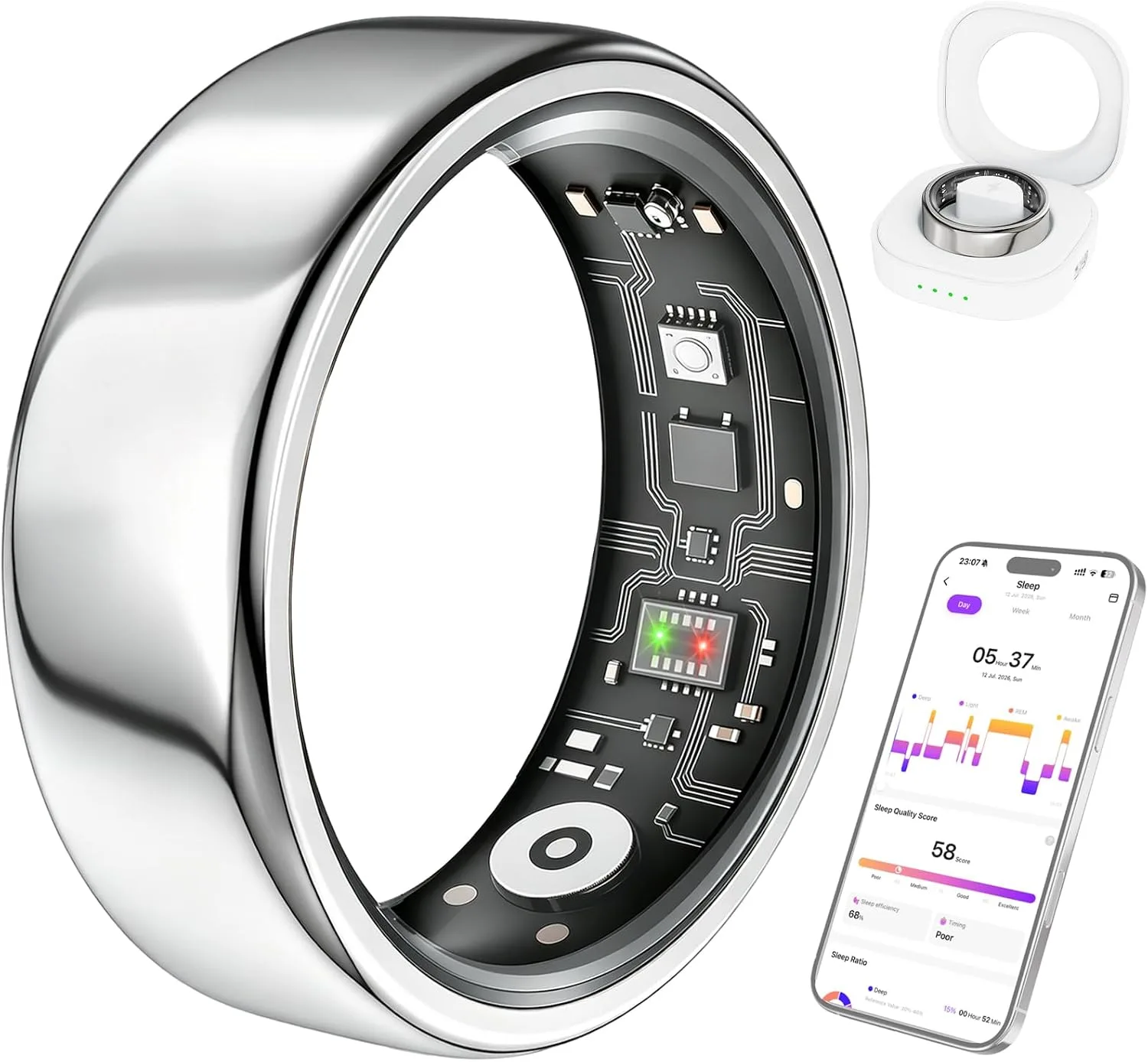 Smart Ring for Women & Men, Fitness Ring with Heart Rate, Sleep Monitor & Stress, IP68 Waterproof Sleep Ring, No APP Subscription (New Silver, 7)
