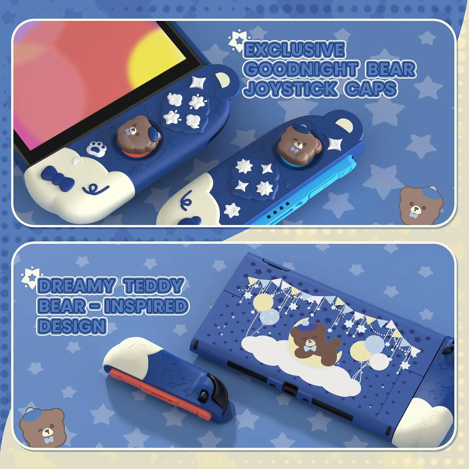 PlayVital Good Night Bear Dockable Case for Nintendo Switch 2 with Stand | Split Design Silicone Joycon Grips, PC Console Hard Shell, 2 Joystick Caps | Cute Protective Cover Bundle – Midnight Blue
