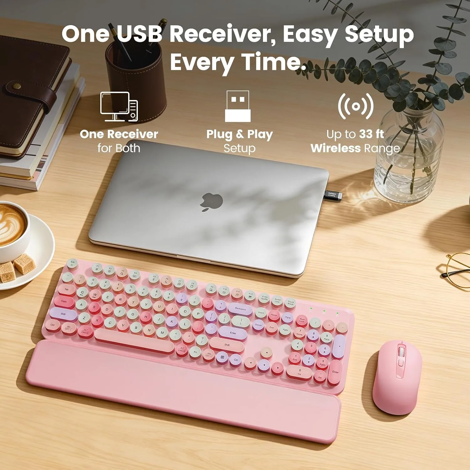 Wireless Keyboard and Mouse Combo, Magnetic Wrist Rest, Round Keycaps, Pink