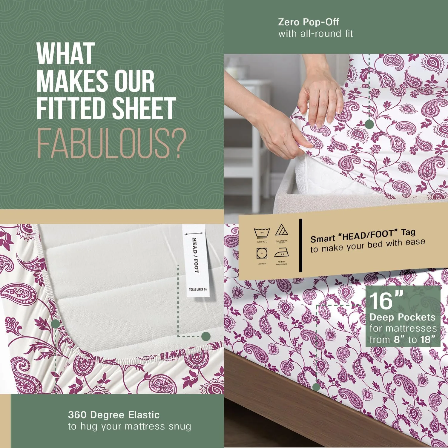 TEXAS LINEN CO. 100% Organic Cotton Percale Sheets King Size - 4 PC Organic Cotton King Size Percale Printed Sheet Sets, Soft, Crisp, Cooling Sheets, 16" Deep Pocket Hotel Bedding Set - Paisley
